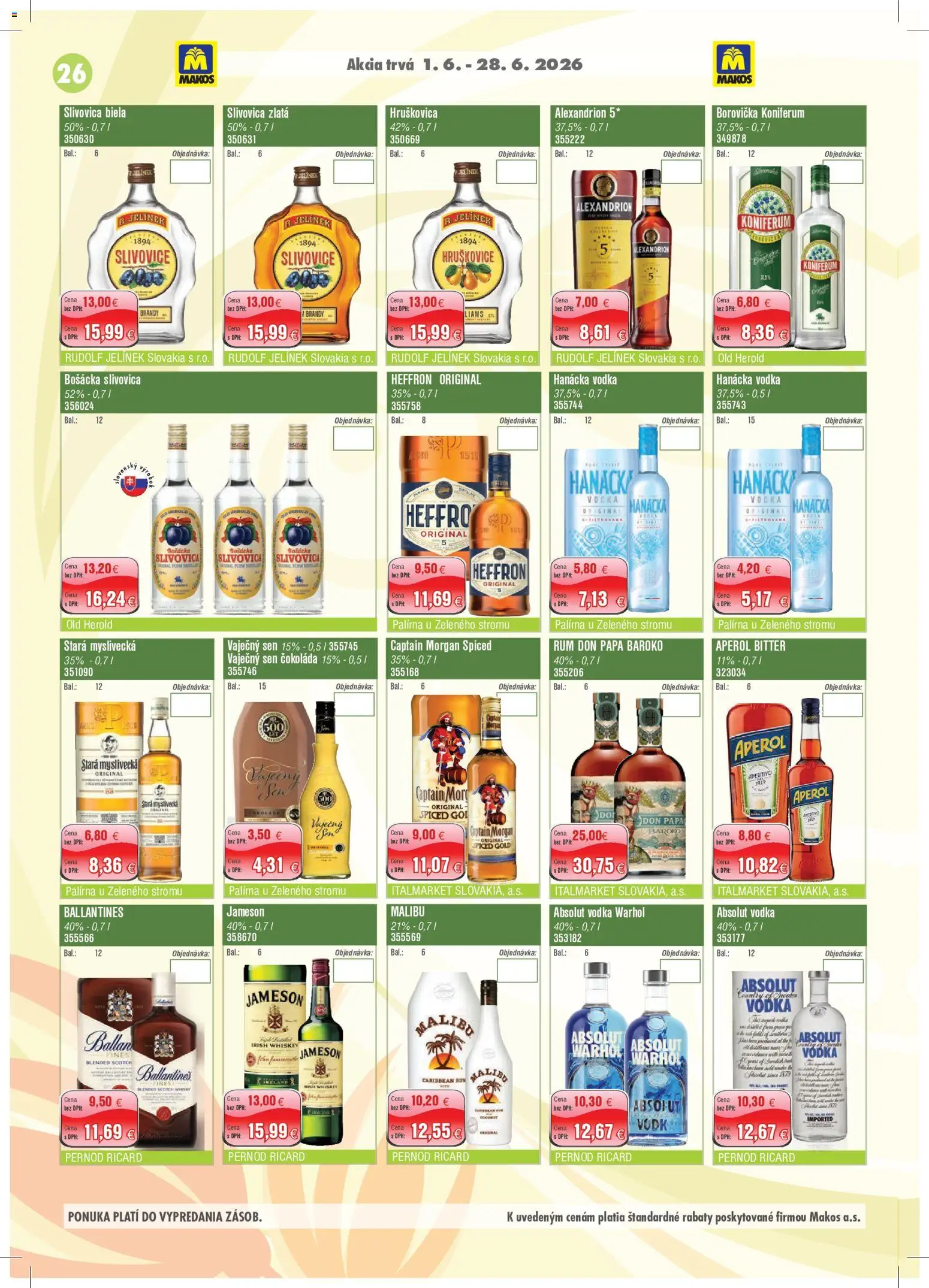 Nové Makos akcie – leták je platný od 01.06.2026 | Strana: 26 | Produkty: Bošácka slivovica, Čokoláda, Slivovica, Don Papa
