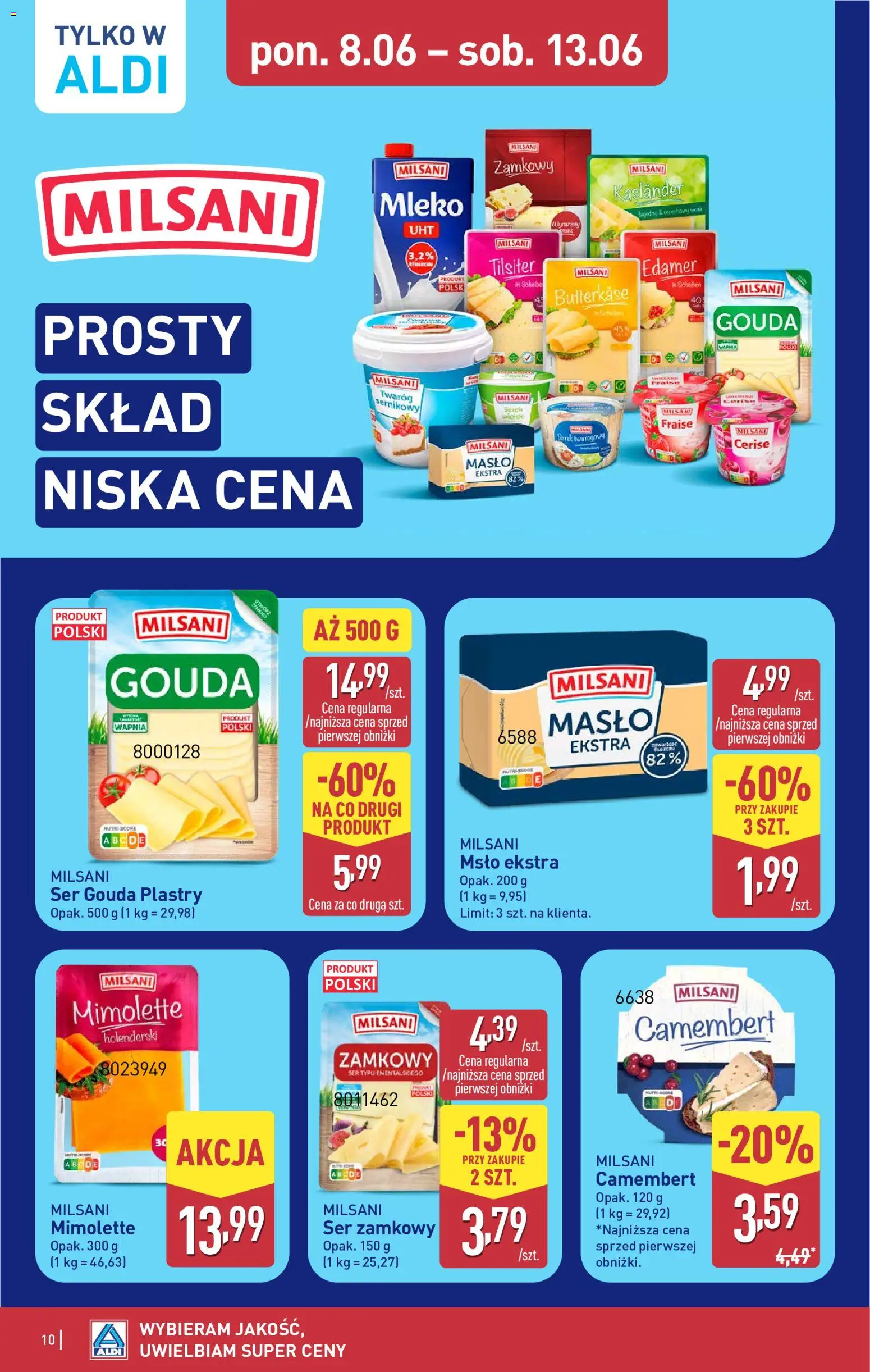 Aldi gazetka od 08.06.2026 | Strona: 10 | Produkty: Mleko, Masło, Ser, Twaróg