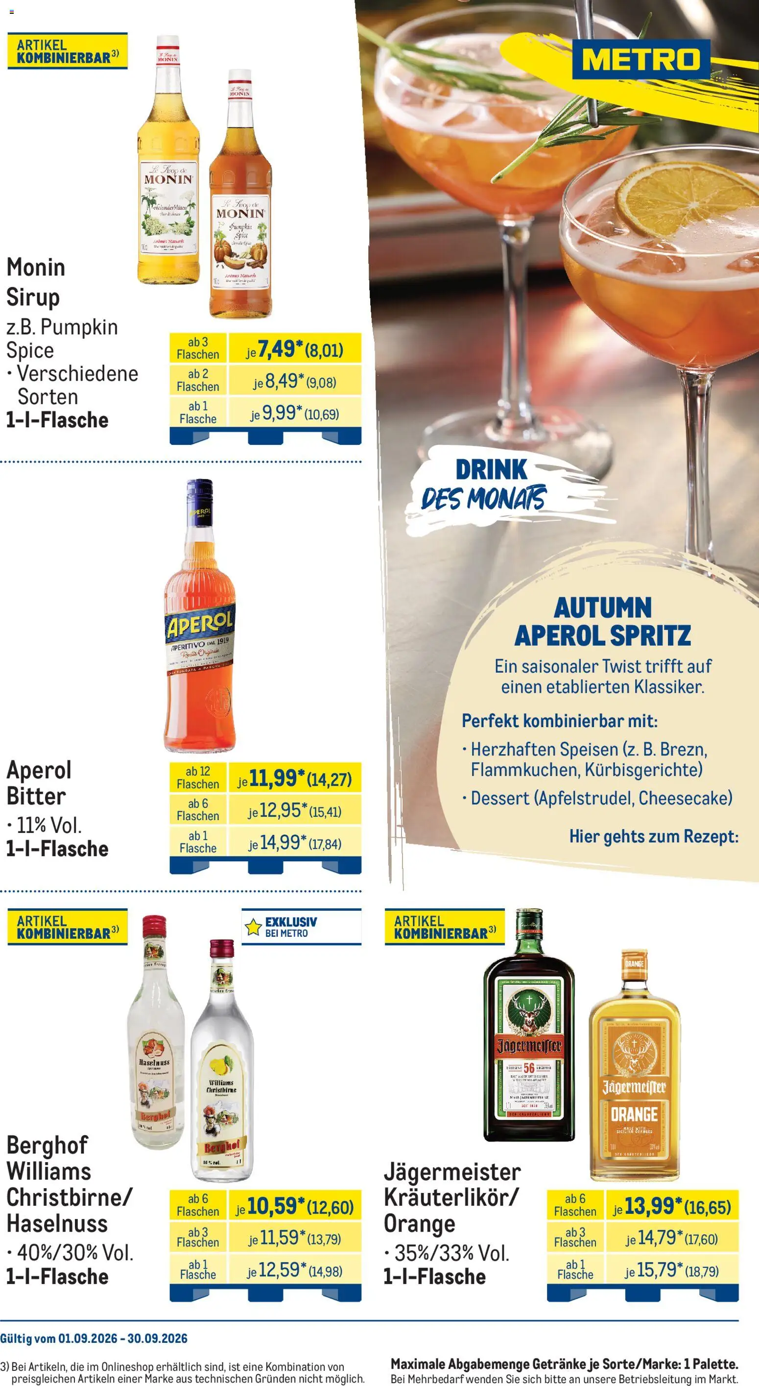 Metro Monats-Menü – gültig ab 01.09.2026 | Seite: 28 | Produkte: Sirup, Jägermeister, Aperol