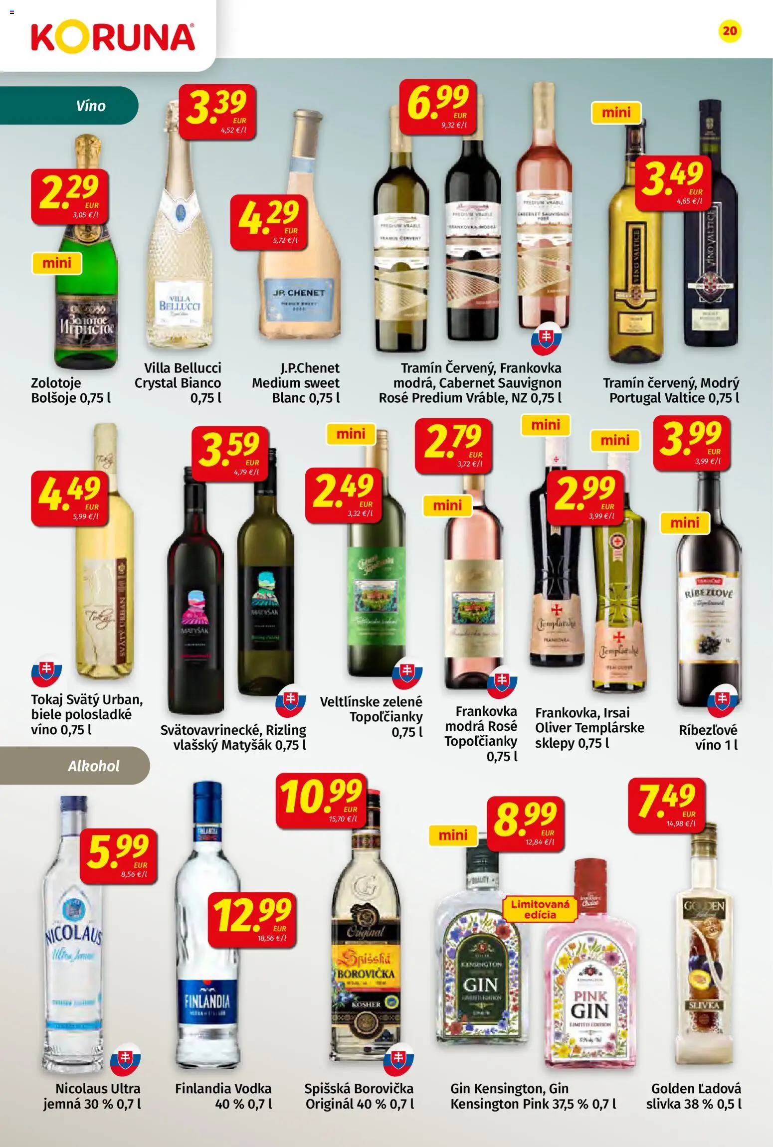 Nové Koruna akcie – leták je platný od 22.05.2026 | Strana: 20 | Produkty: Víno, Borovička, Gin, Vodka