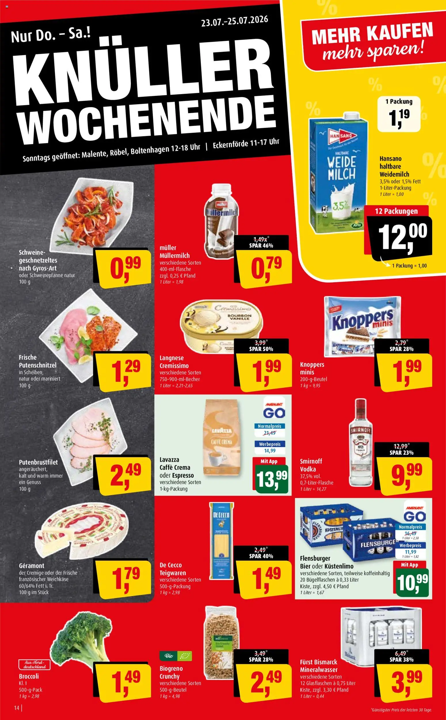 Markant Prospekt – gültig ab 20.07.2026 | Seite: 14 | Produkte: Milch, Putenschnitzel, Knoppers, Bourbon