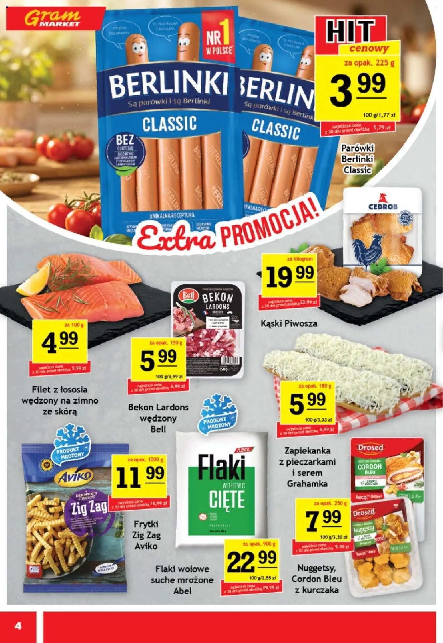 Gram Market gazetka od 08.07.2026 | Strona: 4 | Produkty: Parówki berlinki, Bell, Flaki, Filet z łososia