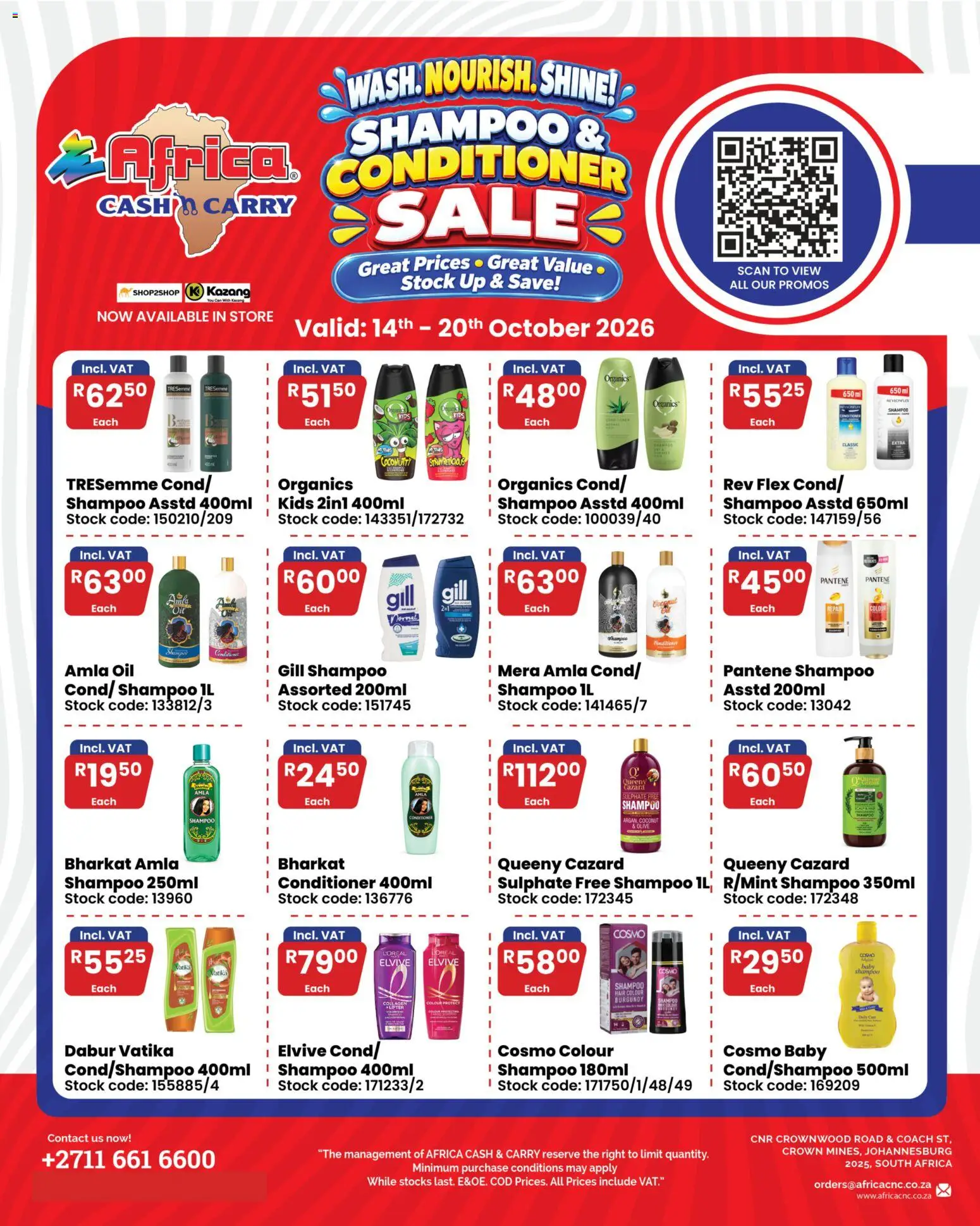 New Africa Cash & Carry catalogue – valid from 14/10/2026 | Page: 1 | Products: Oil, Shampoo, Conditioner, Stock
