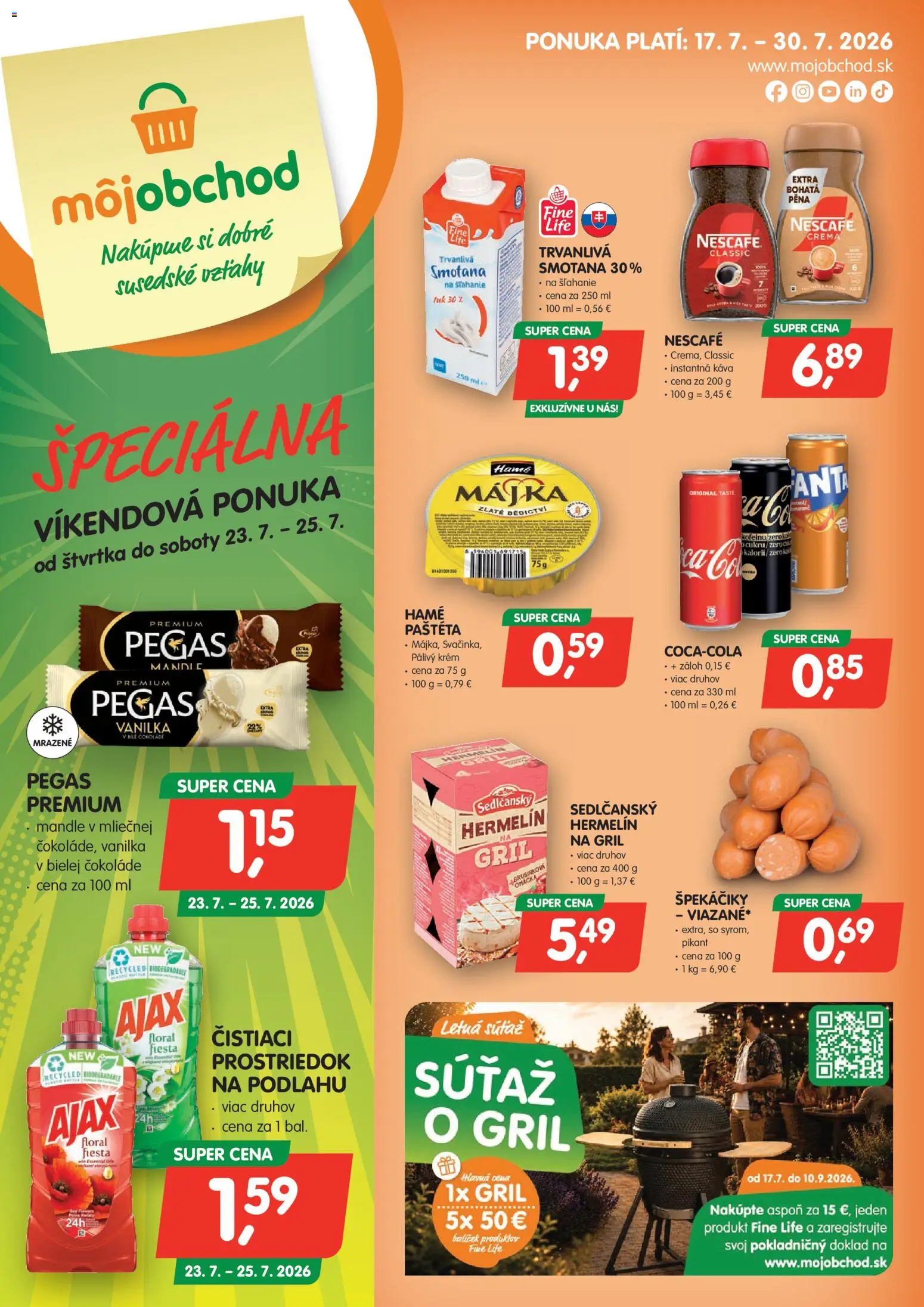 Nové Môj obchod akcie – leták je platný od 17.07.2026 | Strana: 1 | Produkty: Gril, Smotana, Mandle