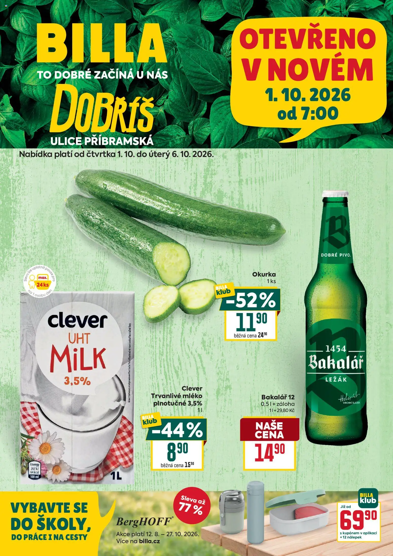 Billa leták - Dobříš od 30.09.2026 | Strana: 1 | Produkty: Mléko plnotučné, Mléko, Bakalář, Clever