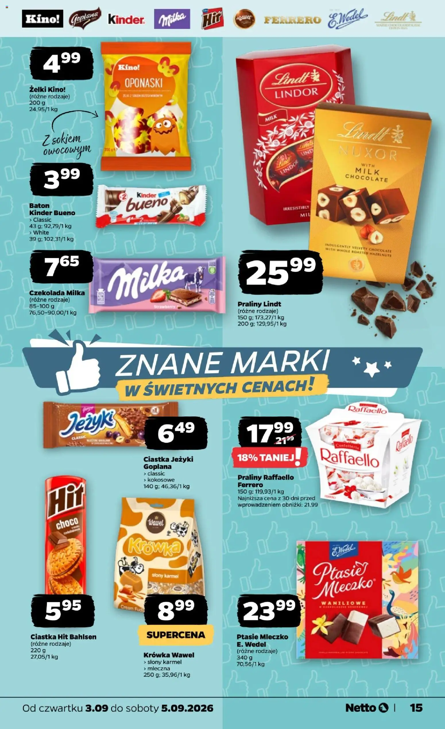 Netto gazetka od czwartku od 03.09.2026 | Strona: 15 | Produkty: Lindt, Praliny, Lindor, Ptasie mleczko
