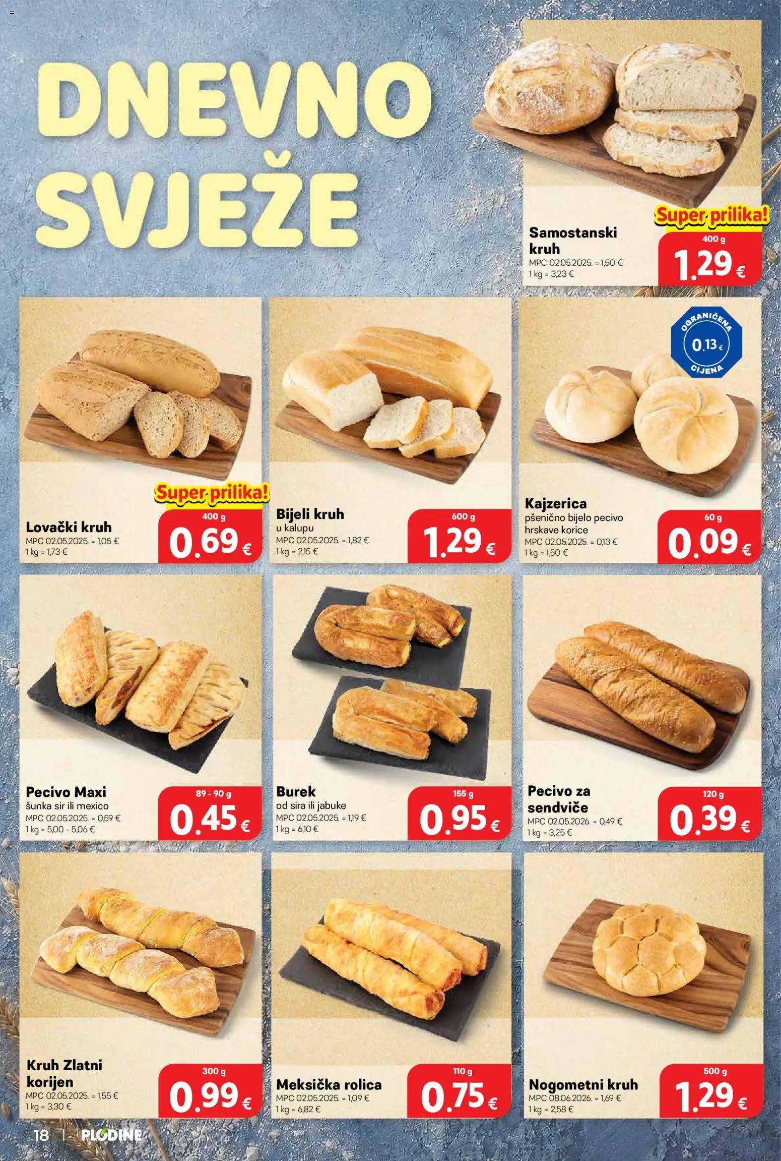 Plodine katalog | vrijedi od 08.07.2026 | Stranica: 18 | Proizvodi: Sir, Šunka, Burek, Pecivo