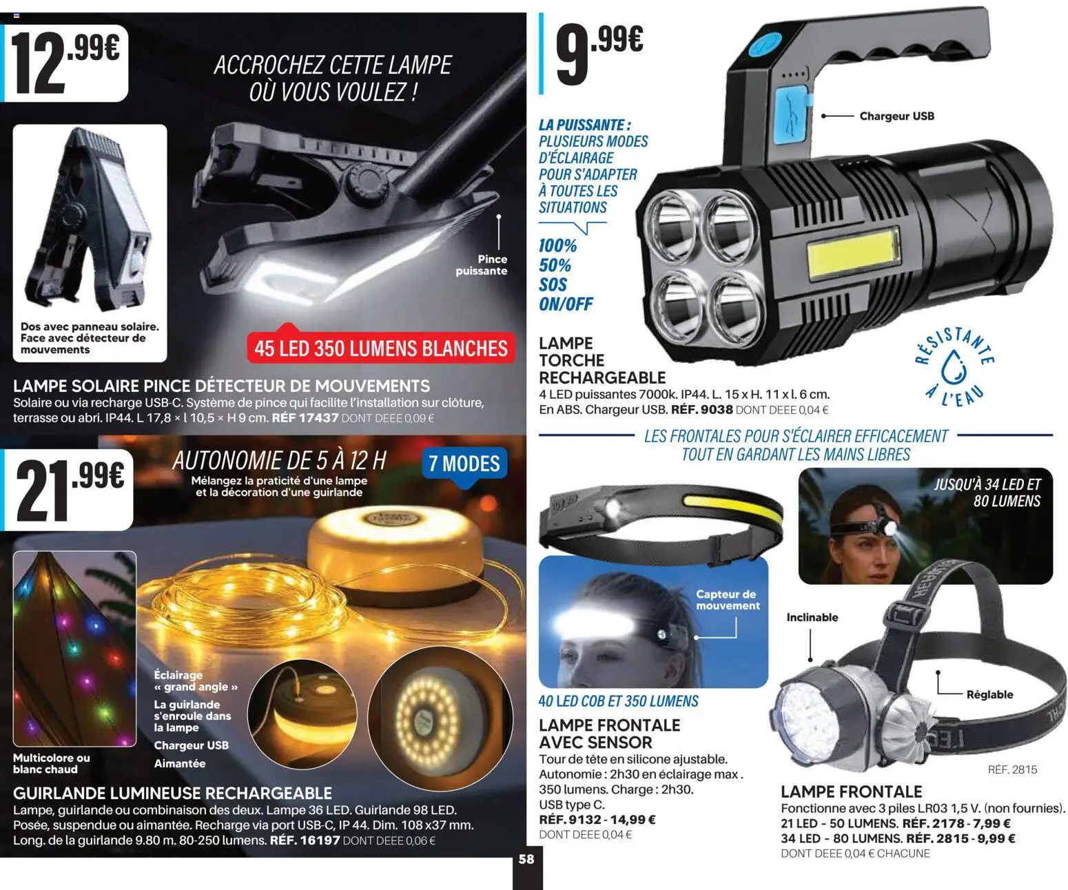 {H1} | Page: 58 | Produits: Guirlande lumineuse, Lampe frontale, Lampe solaire, Décoration