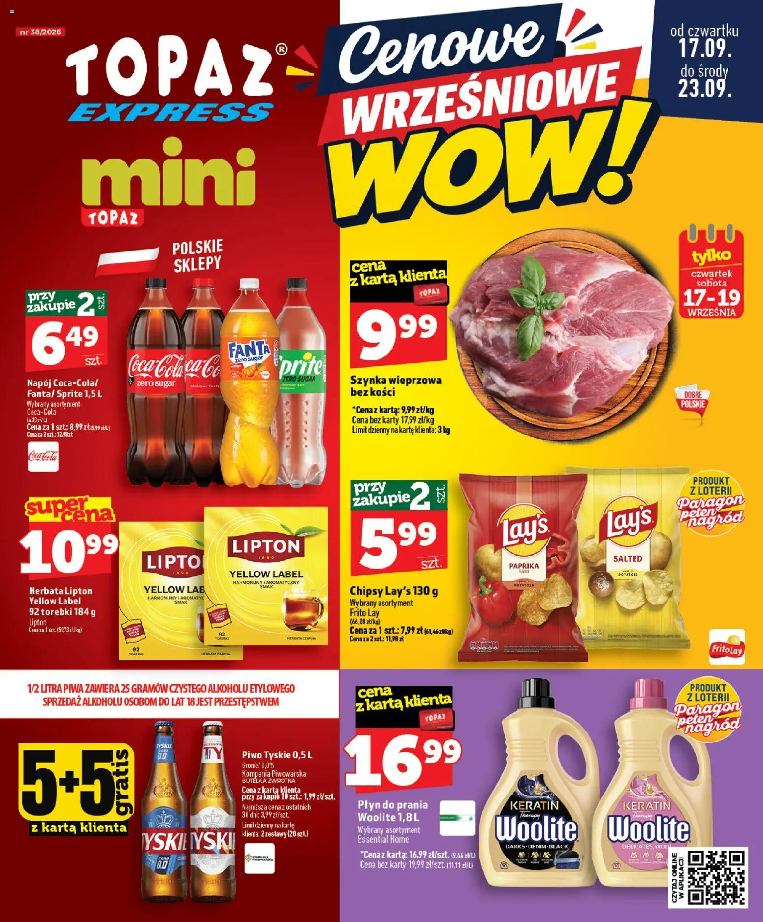 Topaz gazetka - Express od 17.09.2026 | Strona: 1 | Produkty: Karta, Herbata lipton, Tyskie, Piwo