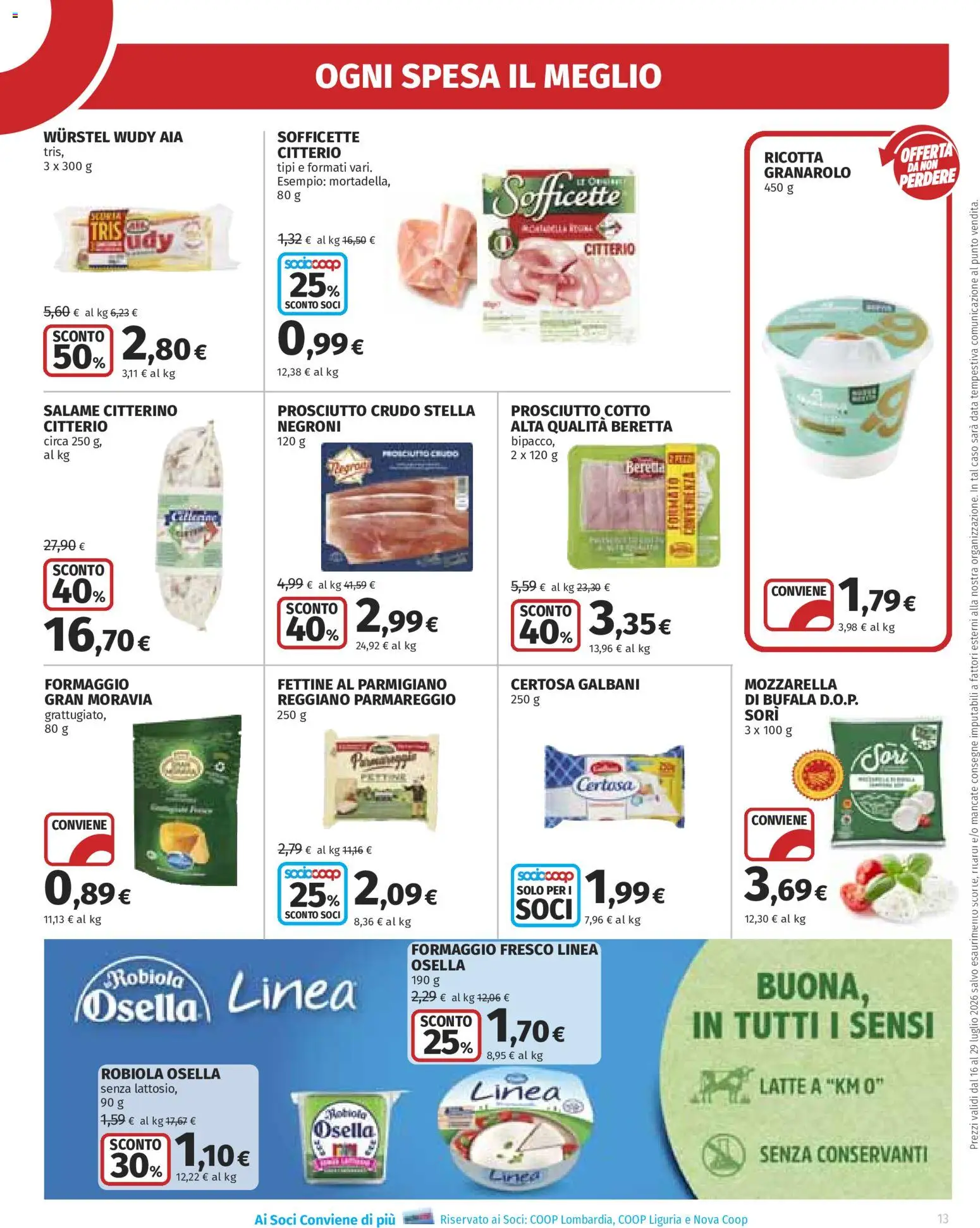 Volantino Ipercoop del 16/07/2026 | Pagina: 13 | Prodotti: Mozzarella, Prosciutto, Wurstel, Ricotta