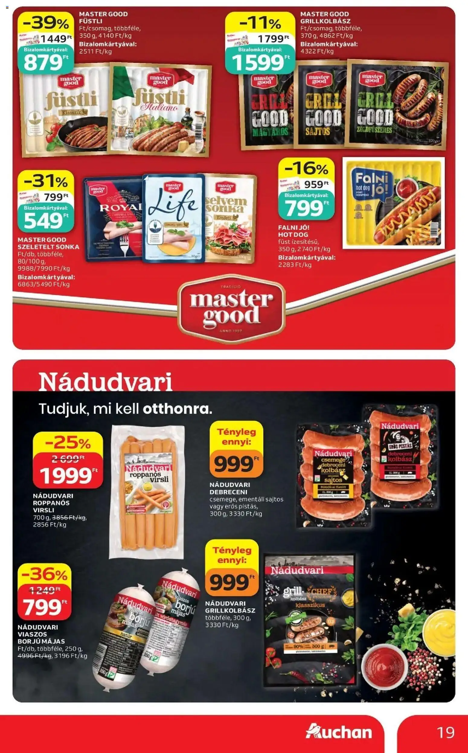 Auchan akciós ujság - amely érvényes a következő dátumtól: 14.05.2026 | Oldal: 19 | Termékek: Virsli, Kolbász, Grill, Sonka