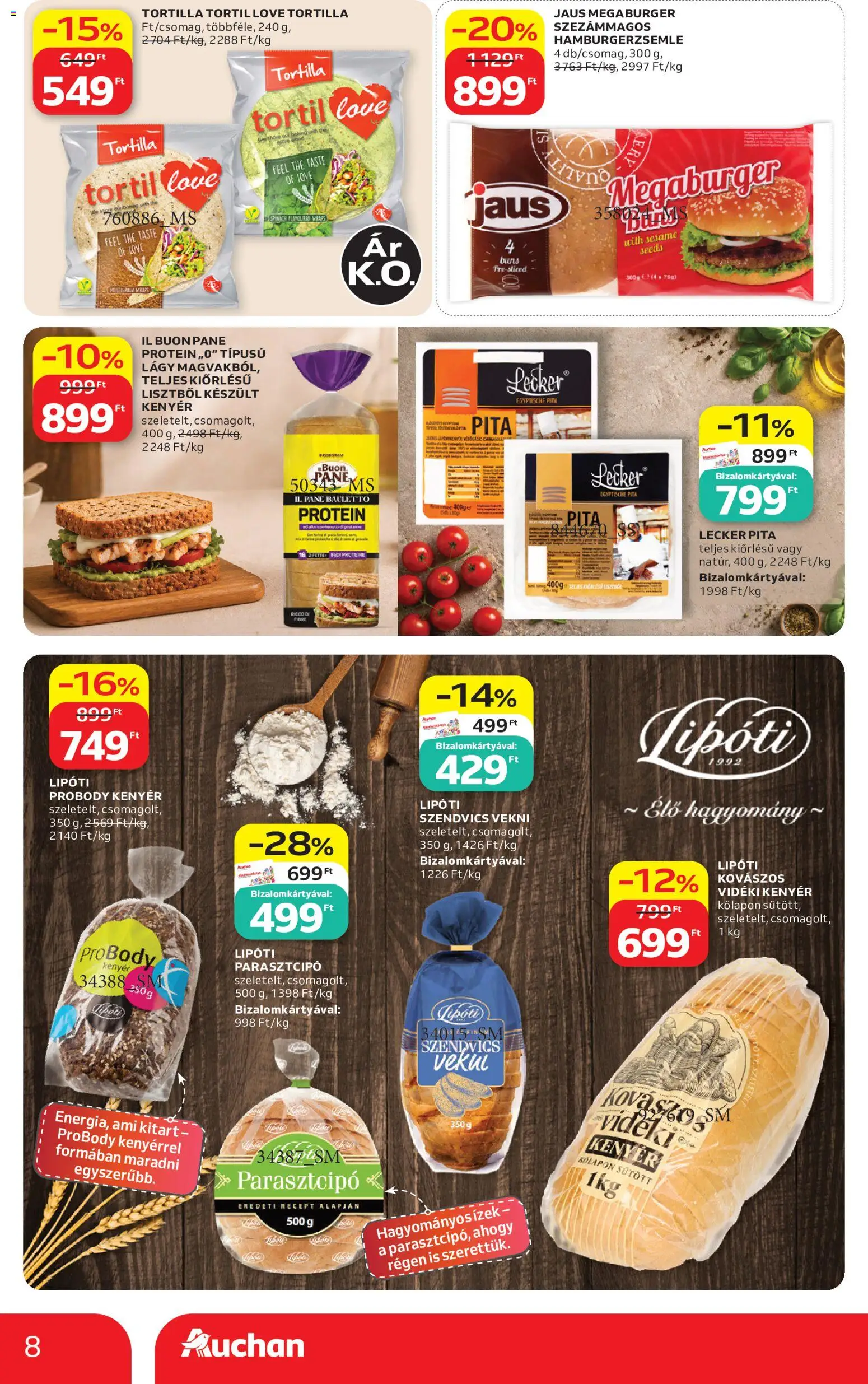Auchan akciós ujság - amely érvényes a következő dátumtól: 2026.08.13. | Oldal: 8 | Termékek: Tortilla, Hamburgerzsemle, Protein, Pita
