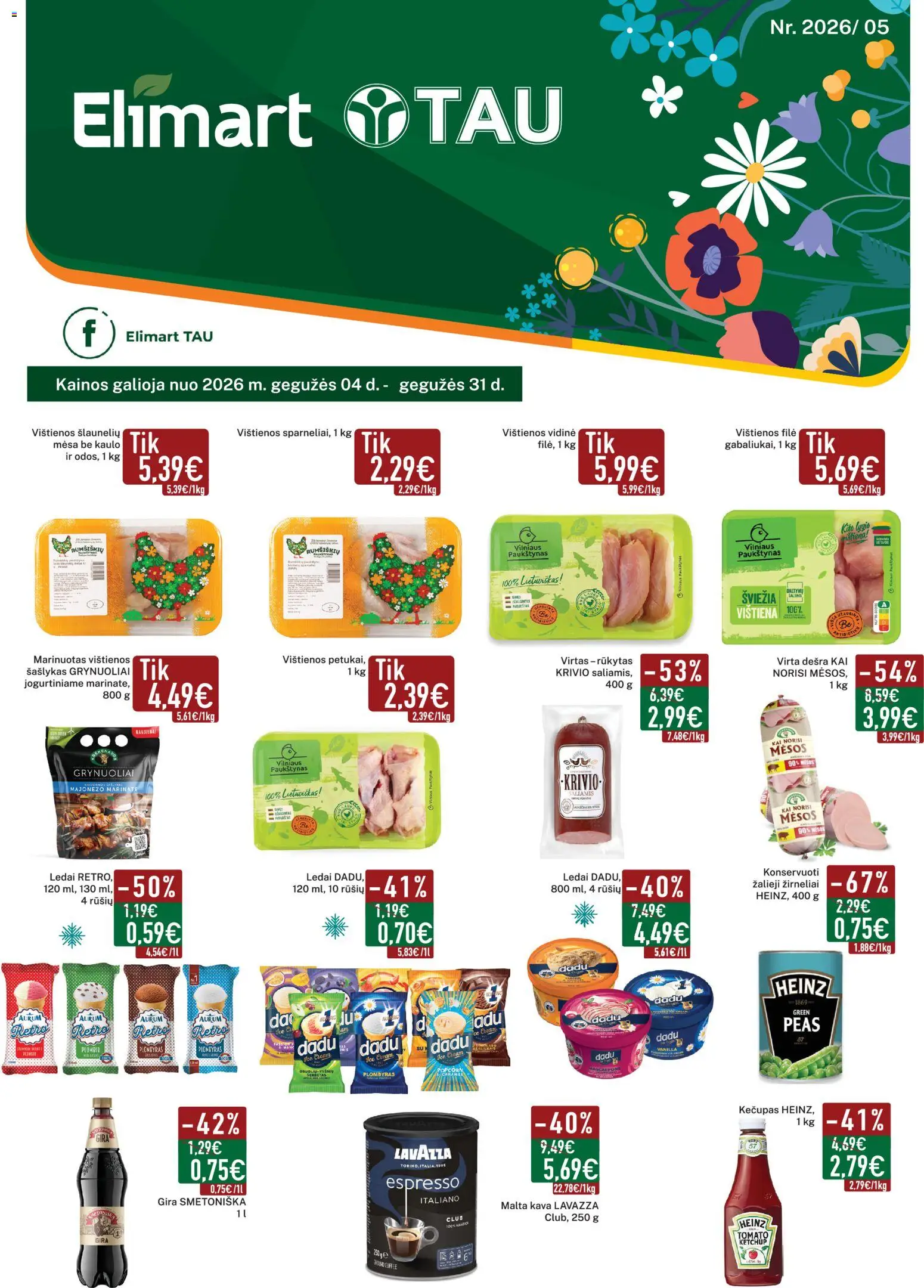 Elimart - TAU akcijos nuo 04.05.2026 | Puslapis: 1 | Prekių: Kava, Saliamis, Vištiena, Žirneliai