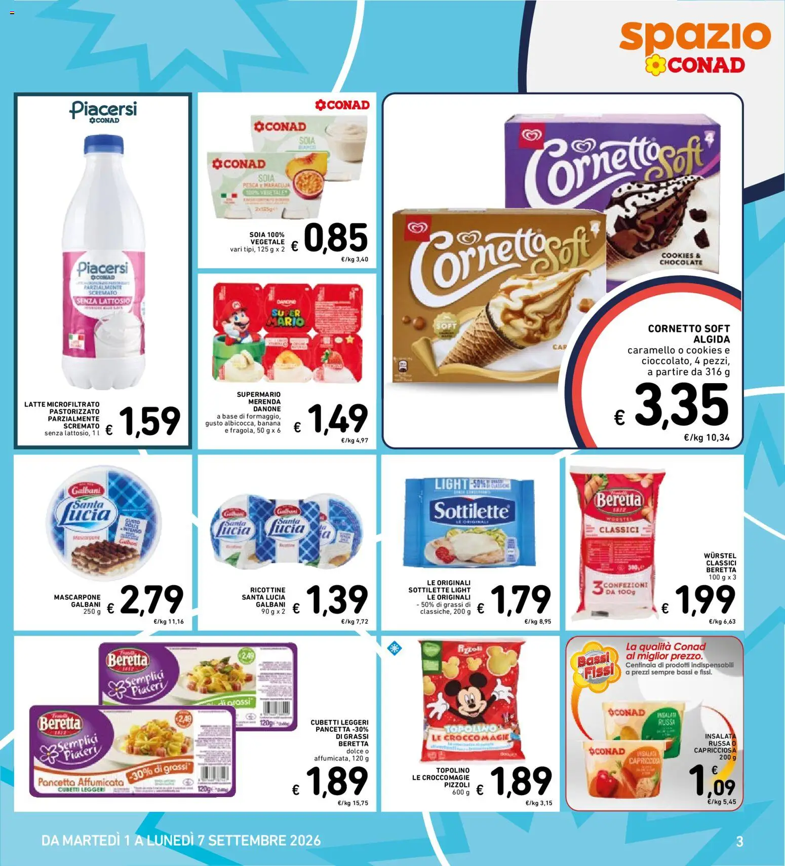 Volantino Spazio Conad del 01/09/2026 | Pagina: 3 | Prodotti: Pancetta, Insalata, Latte, Senza lattosio