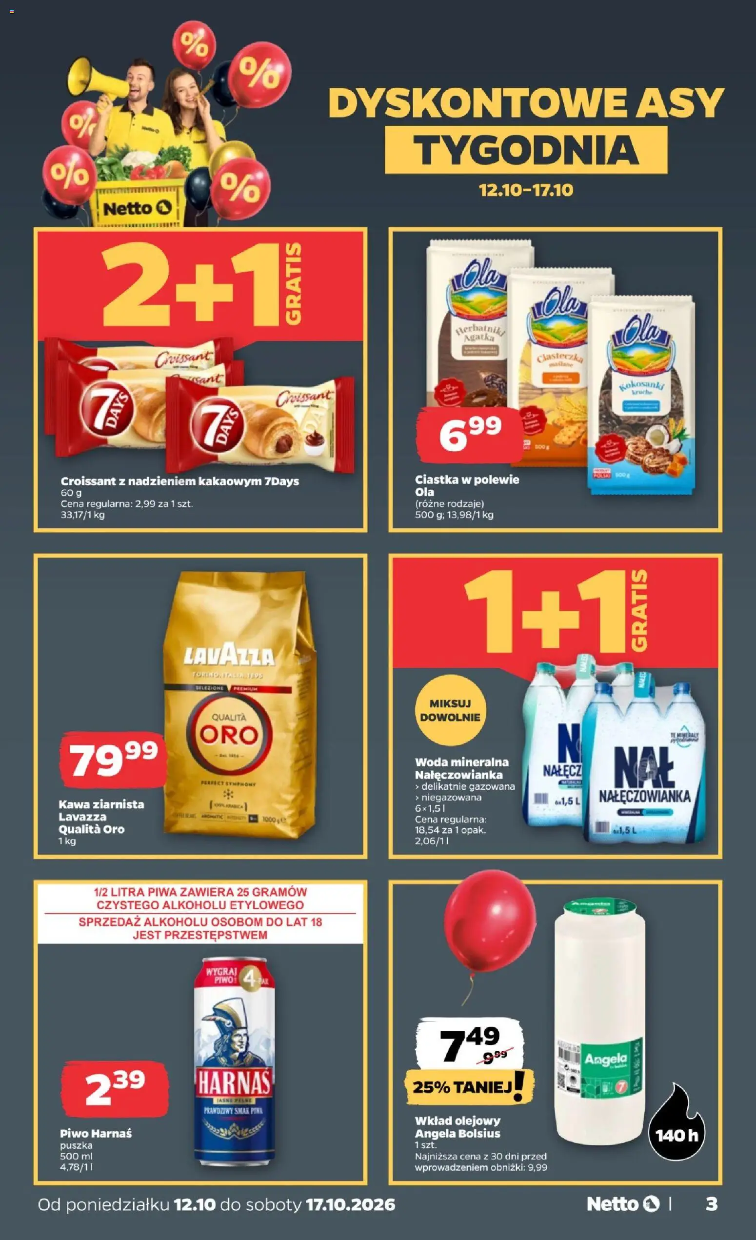 Netto gazetka od poniedziałku od 12.10.2026 | Strona: 3 | Produkty: Woda mineralna, Lavazza Qualita Oro, Piwo Harnaś, Kawa