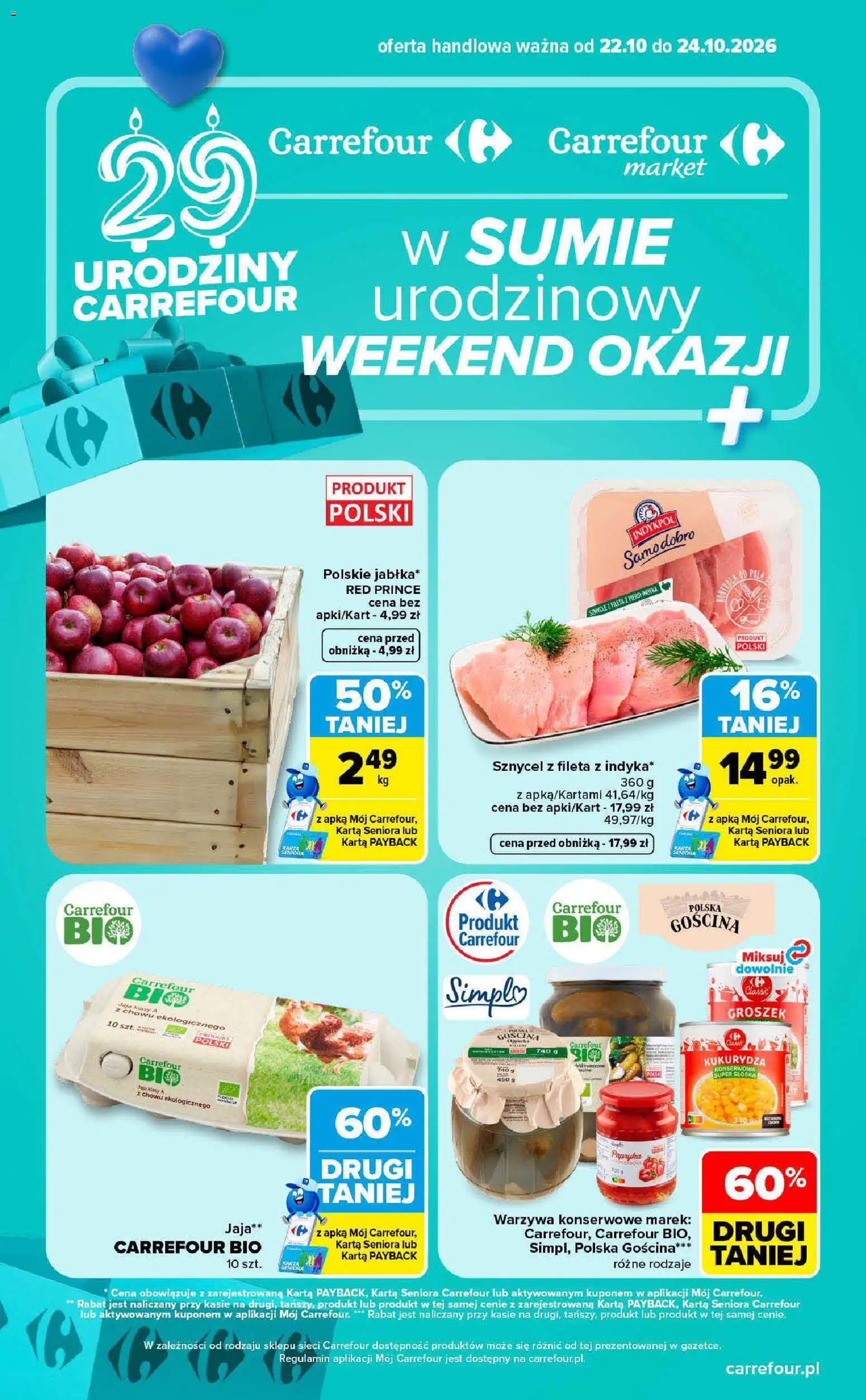Carrefour gazetka - Weekend okazji od 22.10.2026 | Strona: 1 | Produkty: Karta, Piersi, Papryka, Jaja