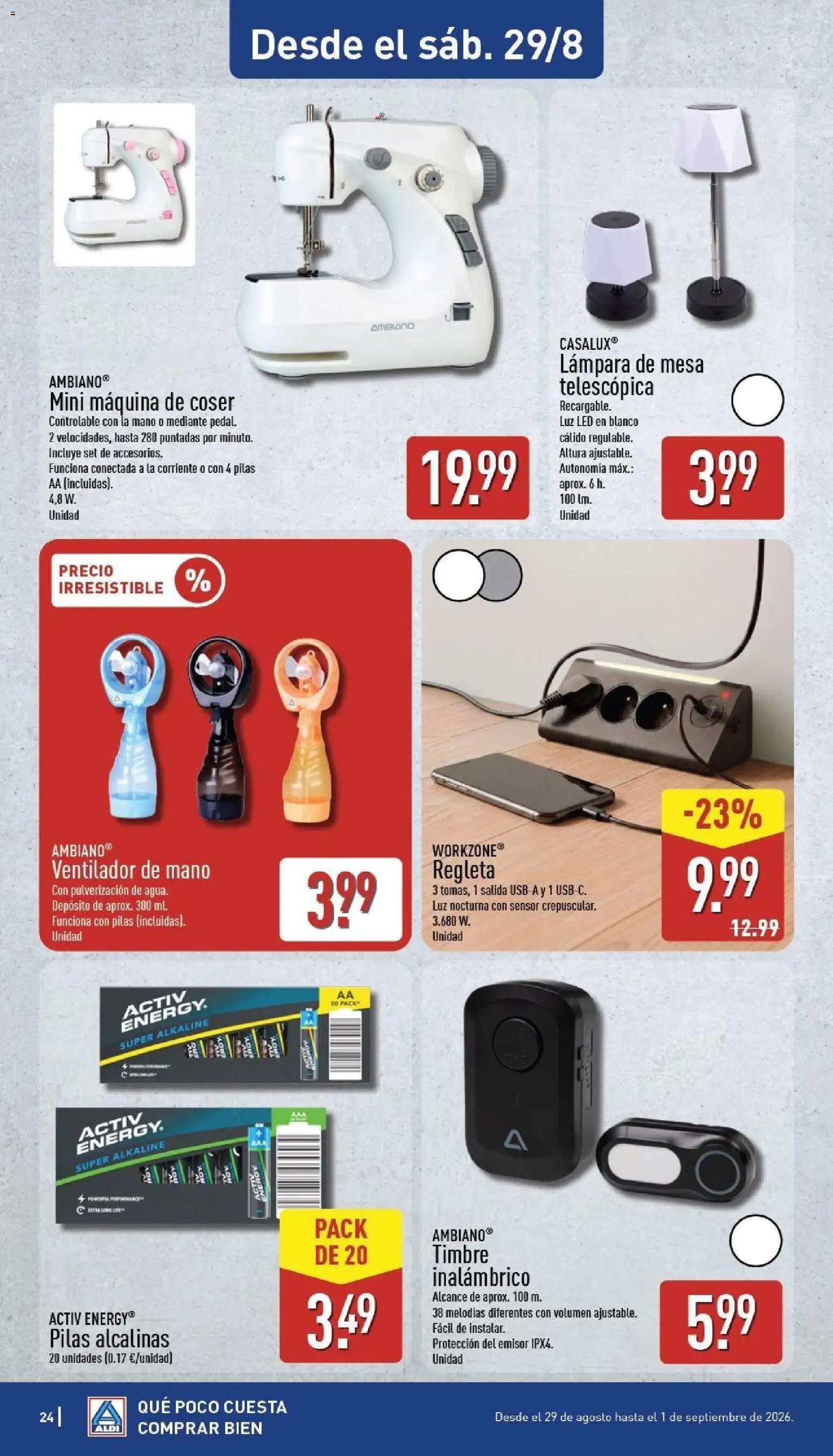 Aldi folleto Península │ válido desde el 24/08/2026 | Página: 24 | Productos: Pilas AA, Luz LED, Máquina de coser, Lámpara