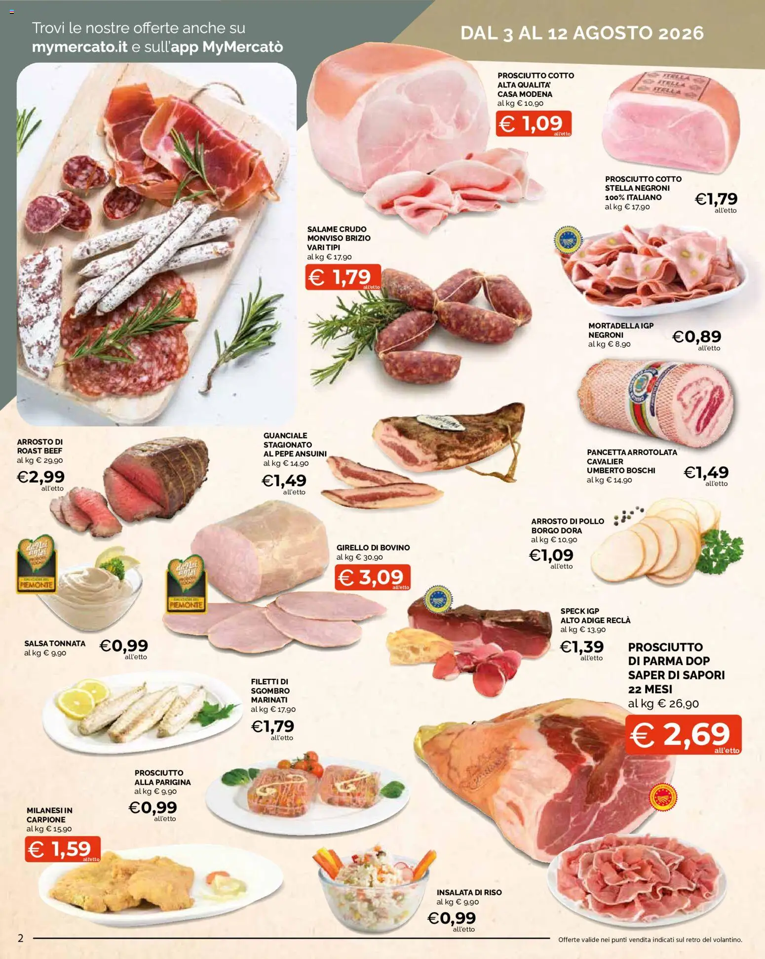 Volantino Mercatò del 03/08/2026 | Pagina: 2 | Prodotti: Speck, Salame, Pancetta, Guanciale