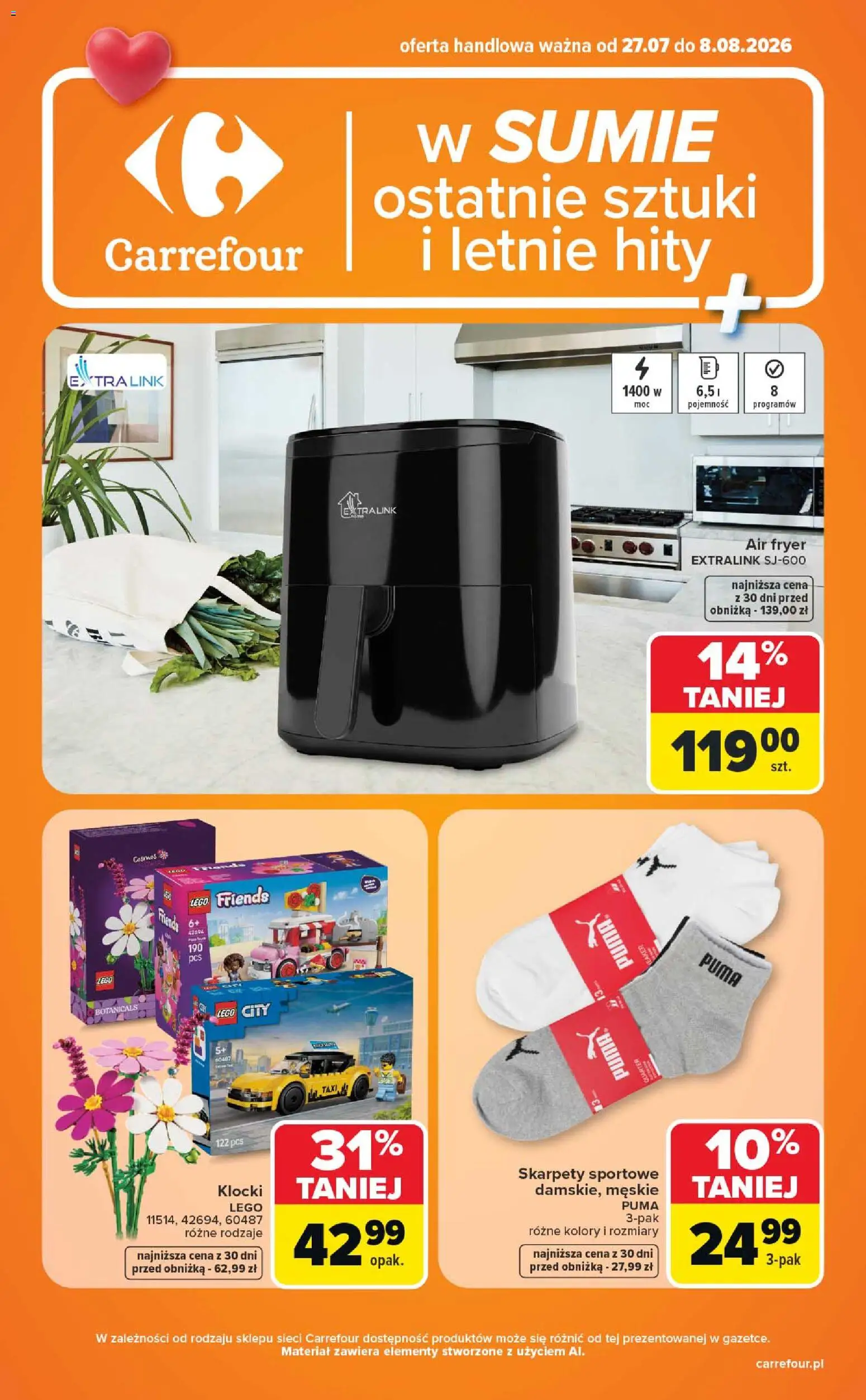 Carrefour gazetka - Ostatnie sztuki i letnie hity od 27.07.2026 | Strona: 1 | Produkty: Skarpety, Lego