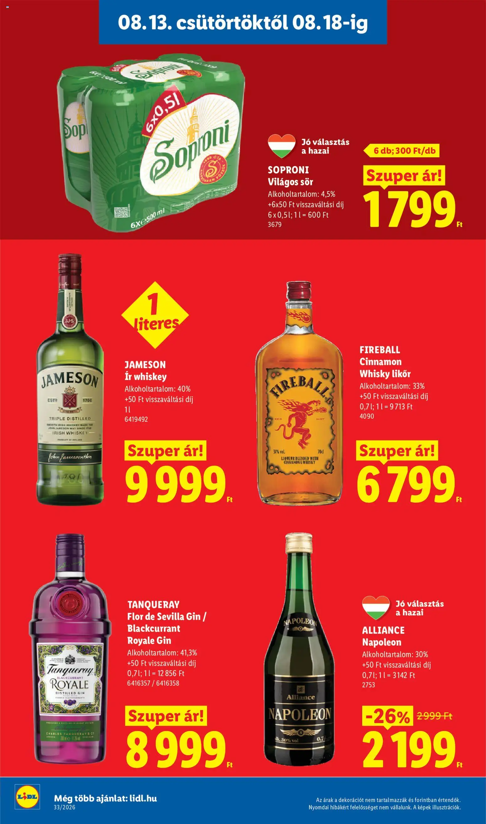 Lidl akciós ujság - amely érvényes a következő dátumtól: 2026.08.13. | Oldal: 16 | Termékek: Soproni sör, Whiskey, Gin, Likőr