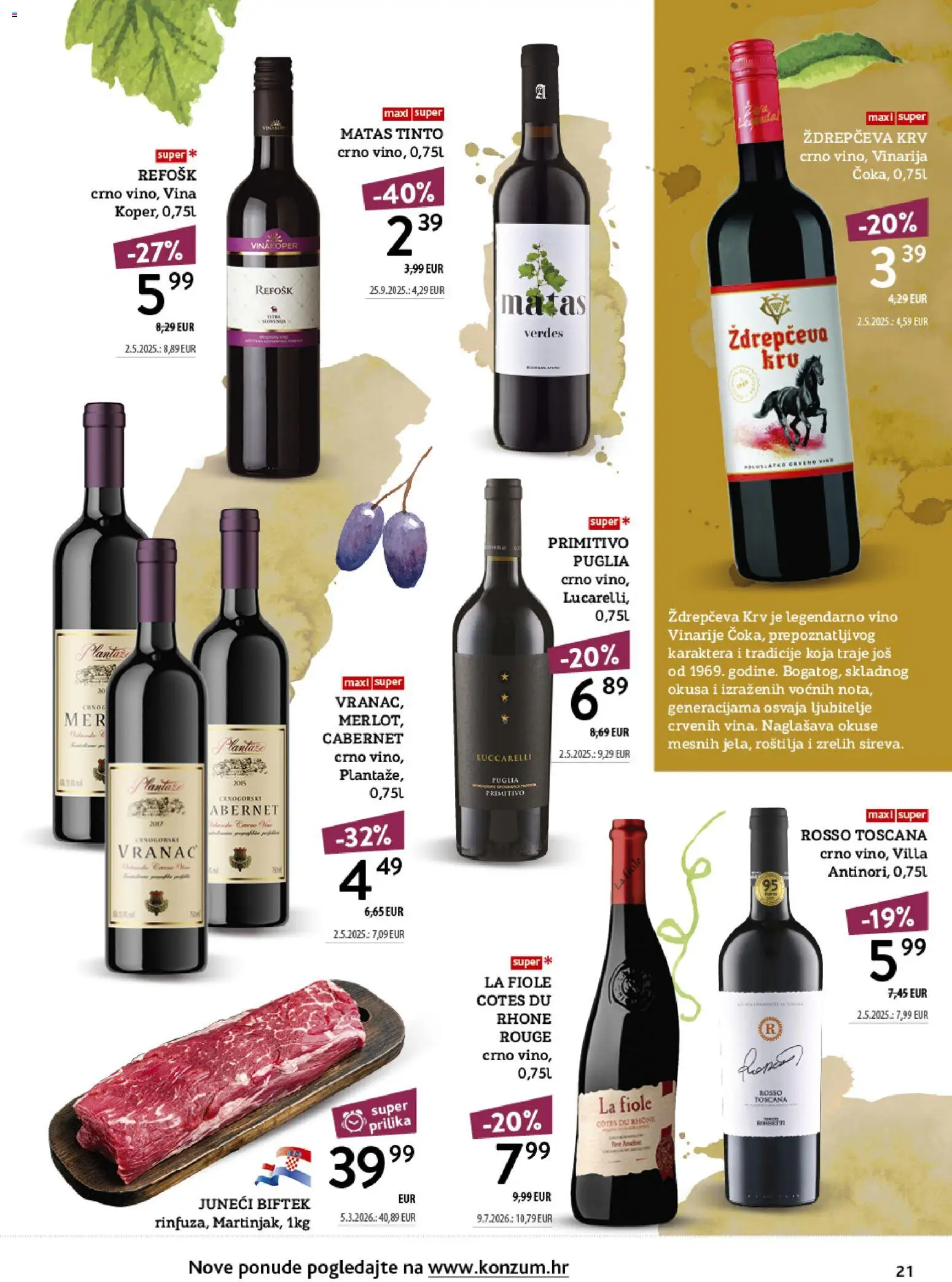 Konzum katalog | vrijedi od 12.10.2026 | Stranica: 21 | Proizvodi: Biftek, Vino, Vranac