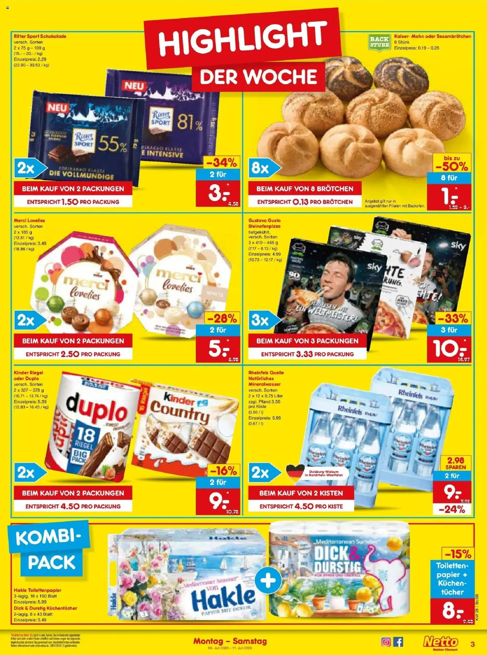 Netto Marken-Discount - Netto: Wochenangebote – gültig ab 05.07.2026 | Seite: 3 | Produkte: Ritter sport, Mineralwasser, Rheinfels quelle, Toilettenpapier