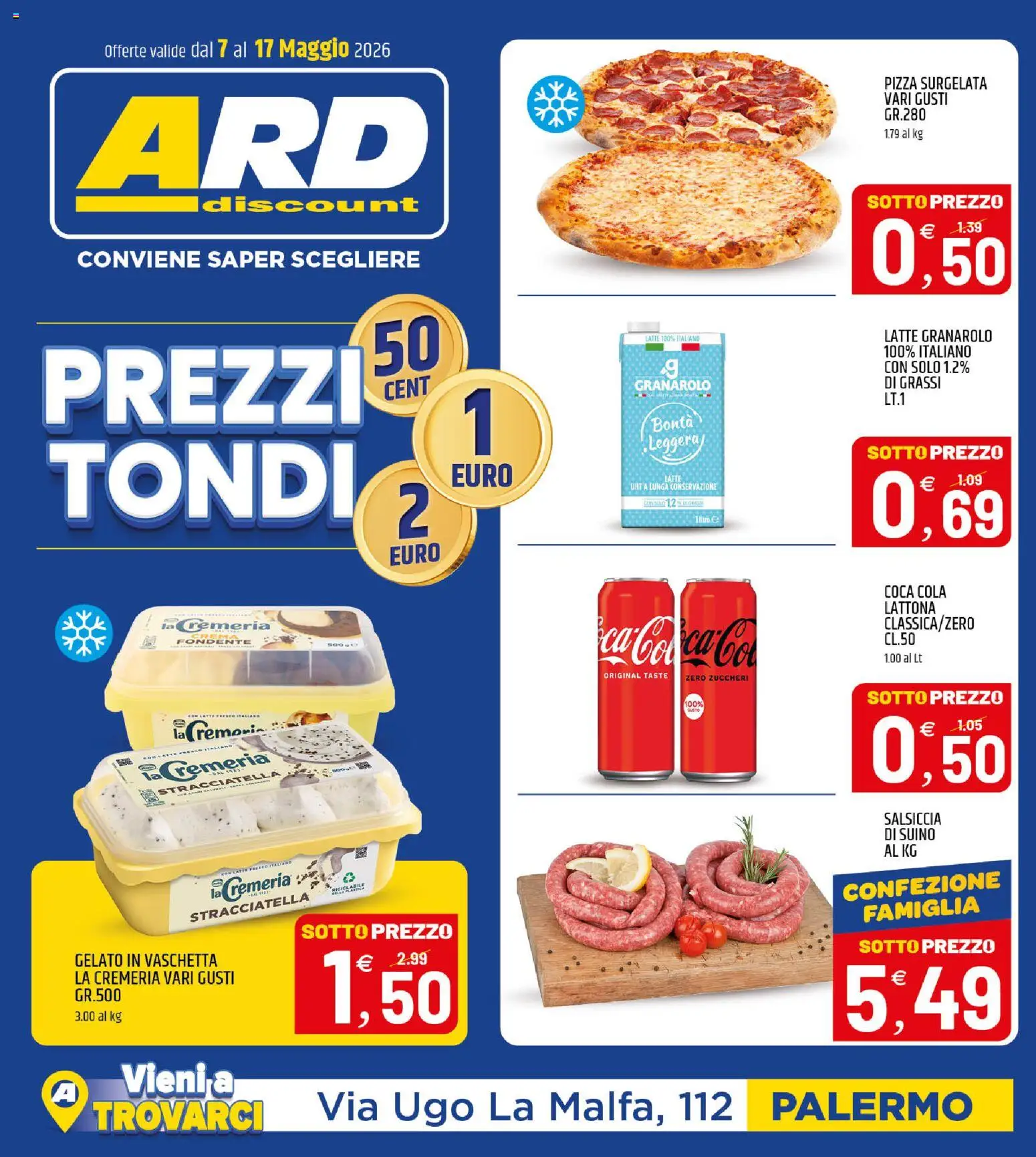 Volantino ARD Discount del 07.05.2026 | Pagina: 1 | Prodotti: Suino, Salsiccia, Stracciatella, Coca Cola
