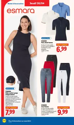 LIDL - Prévisualisation de ESMARA Robe soutien-gorge intégré femme, Du M au XL selon modèle Ex. Dessus 94% coton et 6% élasthanne (LYCRA®) et powernet 85% polyamide et 15% élasthanne (LYCRA®) et bonnets 100% polyester L'unité au choix. valide à partir de 30.04.2026 | Page: 38 | Produits: Robe, Jeans, Polo, Coton