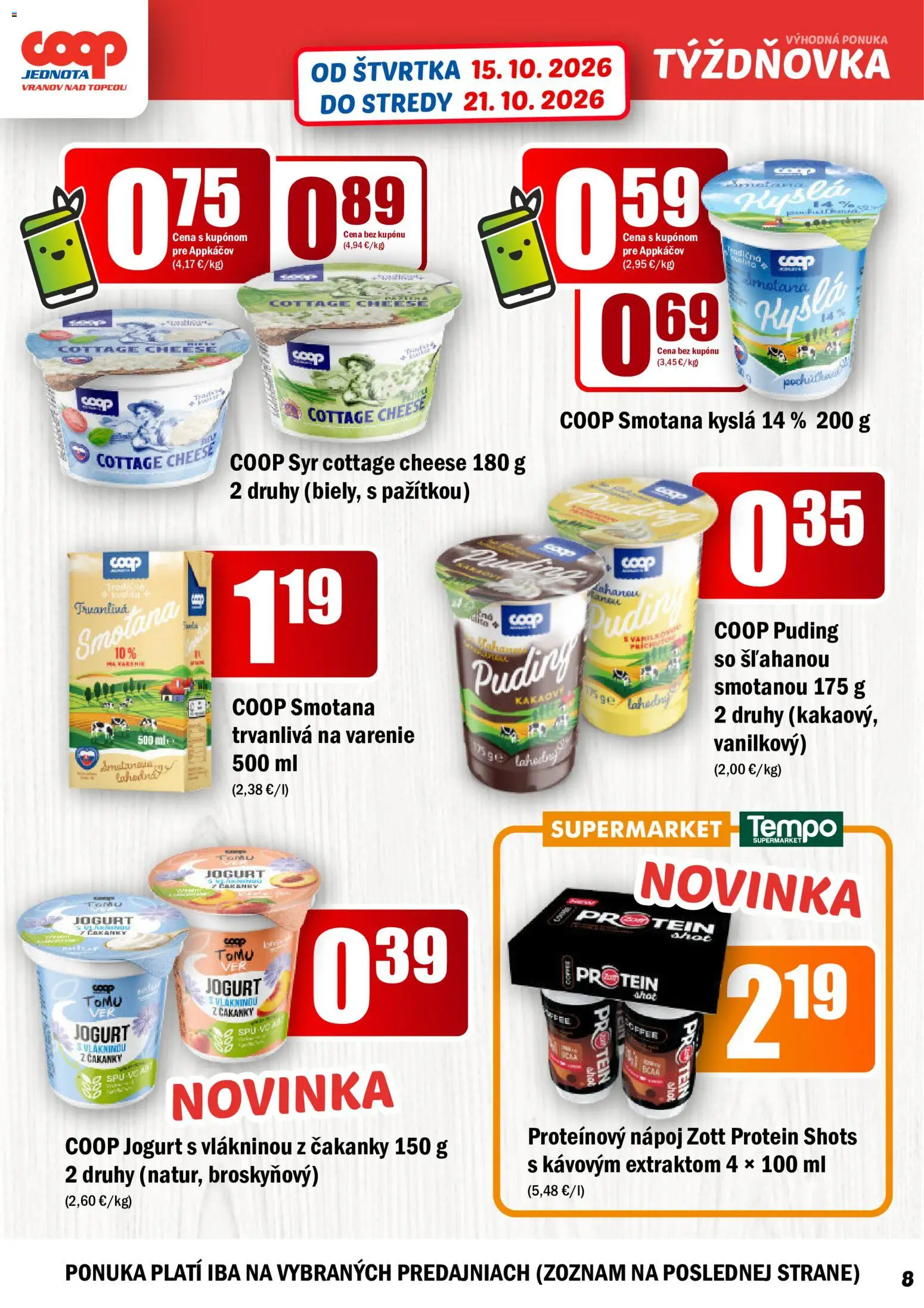 Nové COOP Jednota akcie – leták je platný od 15.10.2026 | Strana: 8 | Produkty: Syr, Jogurt, Smotana, Proteínový nápoj