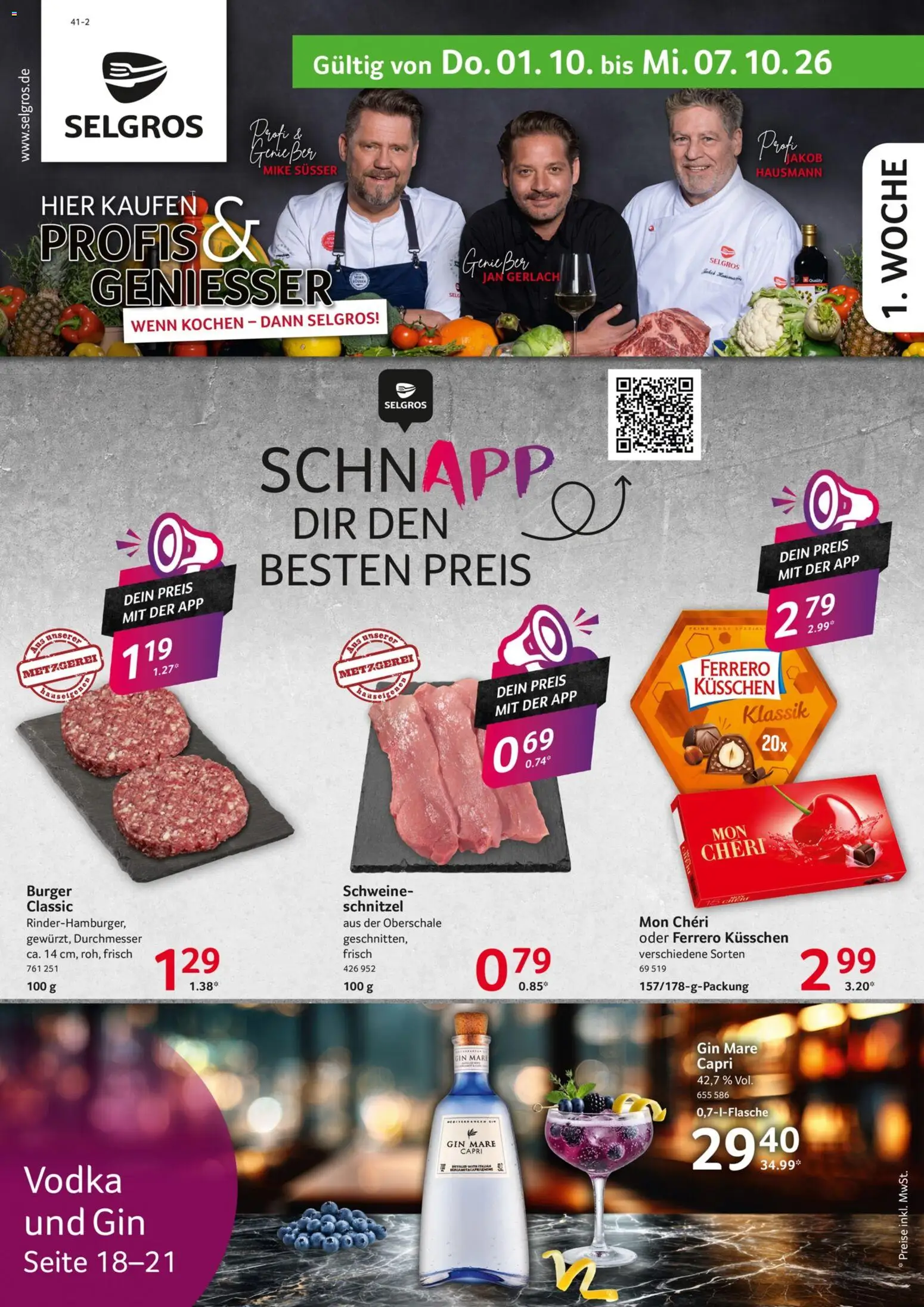 Selgros Prospekt – gültig ab 01.10.2026 | Seite: 1 | Produkte: Burger, Schnitzel, Vodka, Mon cheri