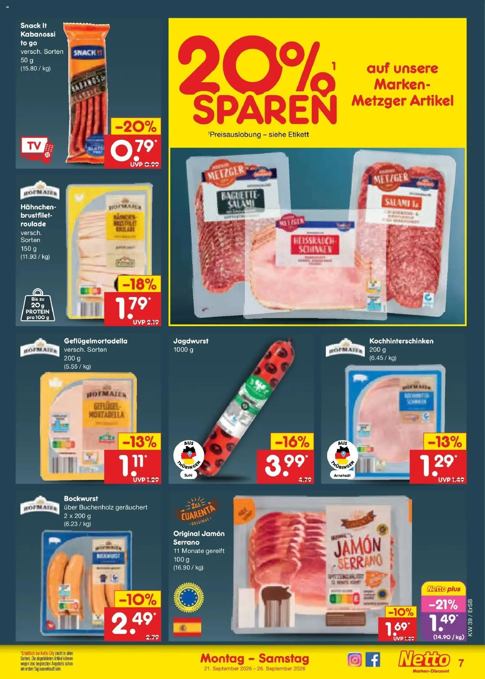 Netto Marken-Discount Prospekt Naumburg – gültig ab 21.09.2026 | Seite: 11 | Produkte: Bockwurst, Baguette, Salami, Schinken