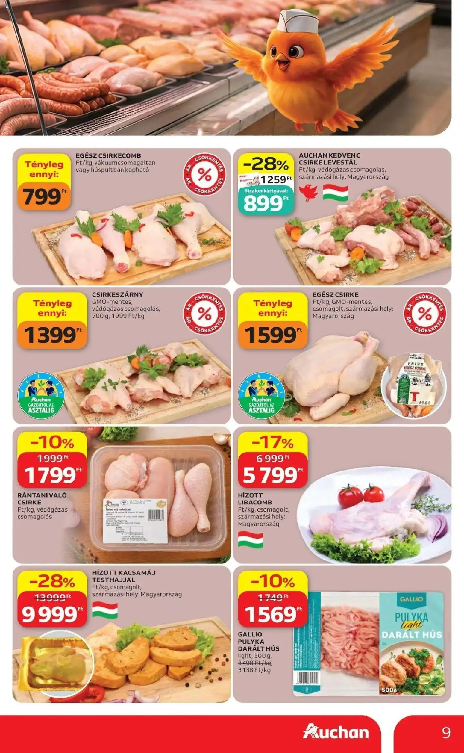 Auchan akciós ujság - amely érvényes a következő dátumtól: 07.05.2026 | Oldal: 9 | Termékek: Darált hús, Egész csirke, Libacomb, Csirkecomb