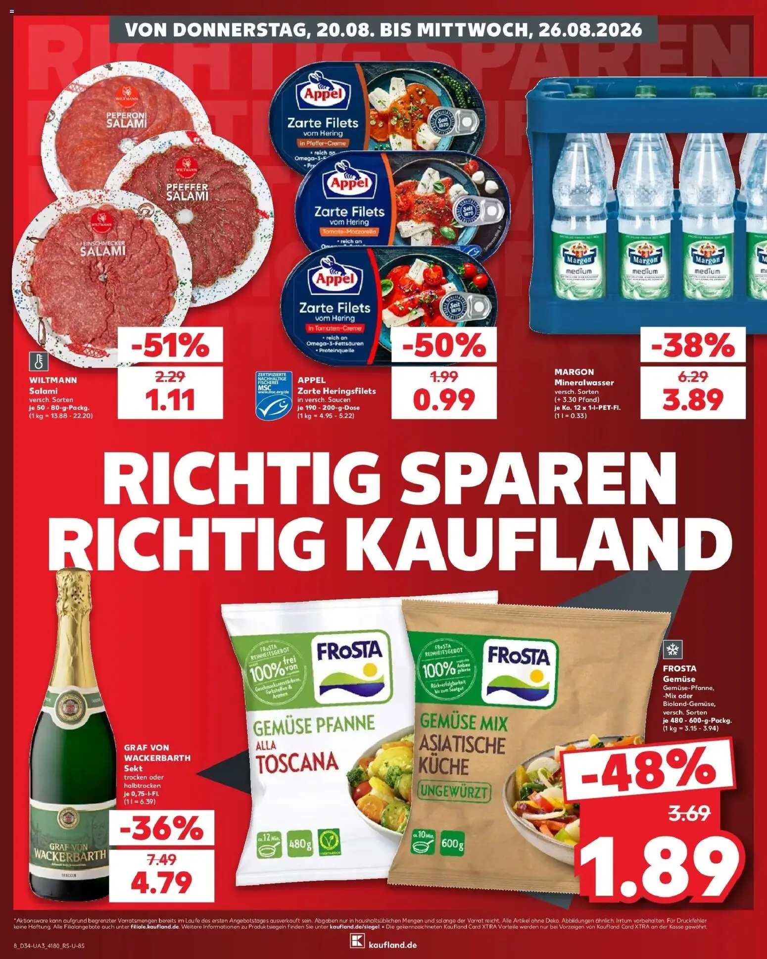 Prospekt Kaufland ab 20.08.2026 » Angebote Online zum Blättern | Seite: 8 | Produkte: Küche, Mineralwasser, Frosta, Salami