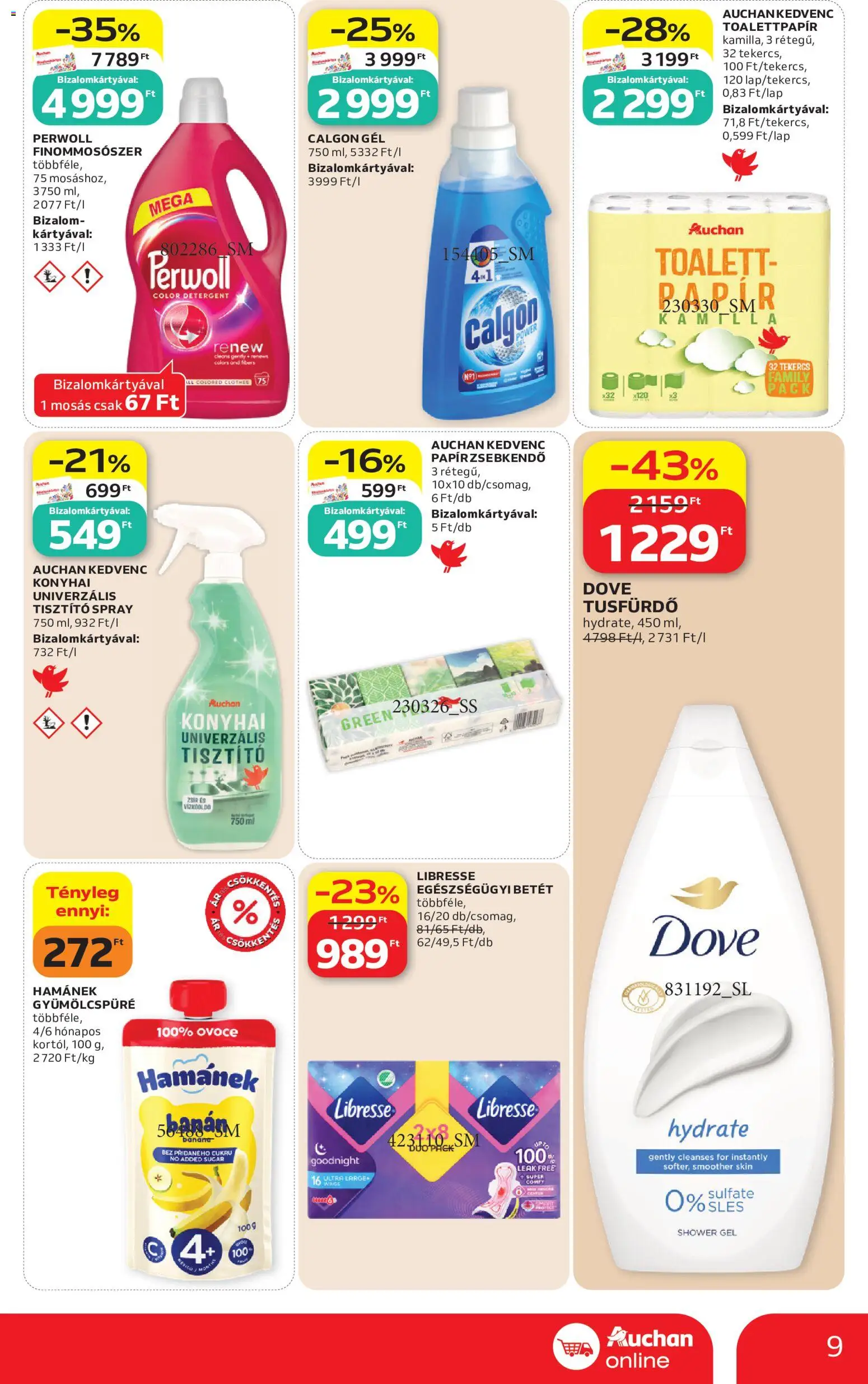 Auchan akciós ujság - amely érvényes a következő dátumtól: 2026.09.03. | Oldal: 9 | Termékek: Calgon, Libresse, Tusfürdő, Papír zsebkendő