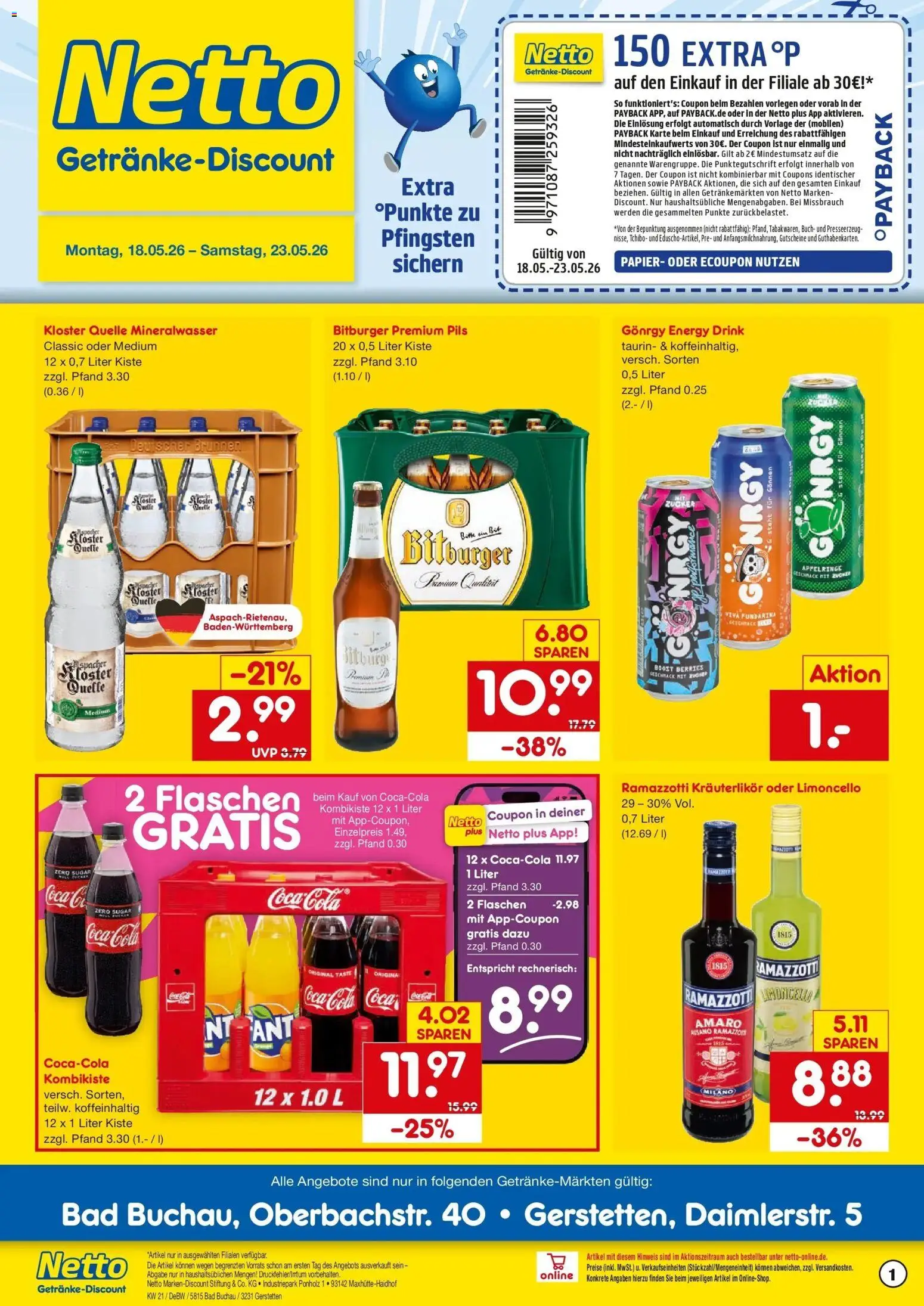 Netto Marken-Discount Prospekt Gerstetten – gültig ab 17.05.2026 | Seite: 1 | Produkte: Bitburger, Bad, Pils, Mineralwasser
