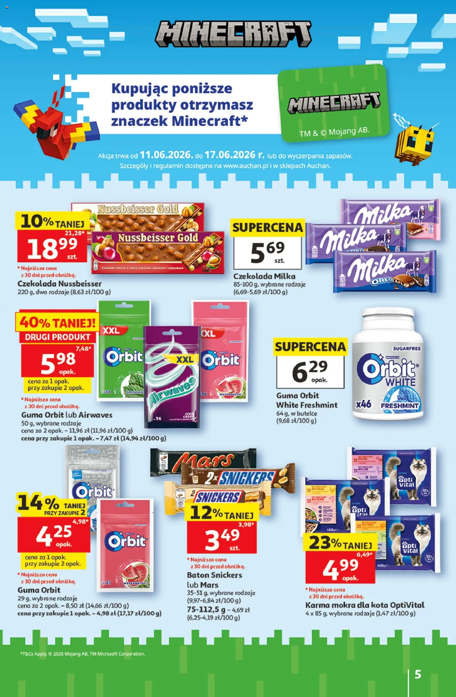 Auchan gazetka - 30 Lat Hipermarket od 11.06.2026 | Strona: 5 | Produkty: Karma mokra dla kota, Milka, Baton, Czekolada