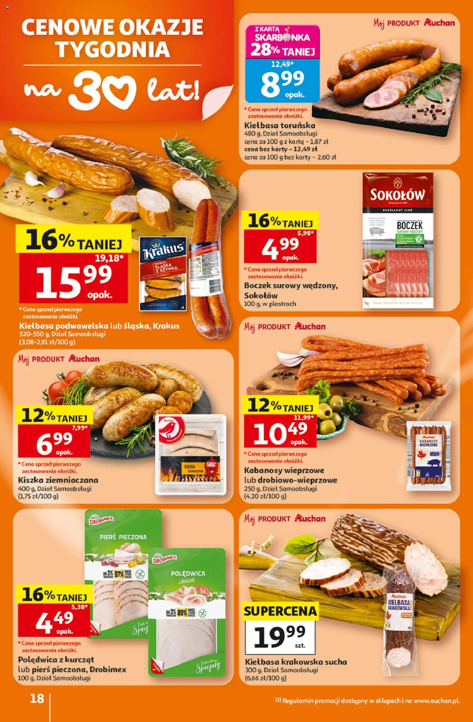 Auchan gazetka - 30 Lat Hipermarket od 16.07.2026 | Strona: 18 | Produkty: Kiełbasa, Karta, Boczek, Boczek surowy