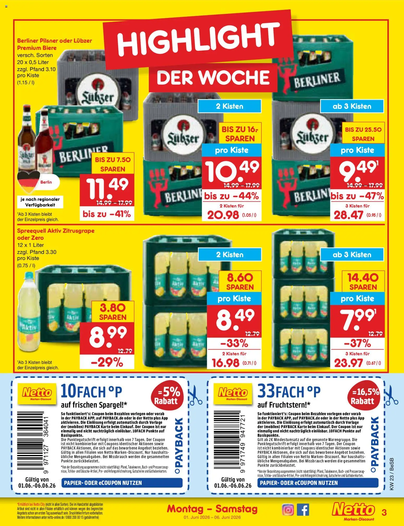 Netto Marken-Discount Prospekt – gültig ab 01.06.2026 | Seite: 3 | Produkte: Berliner, Spargel, Lubzer, Berliner pilsner