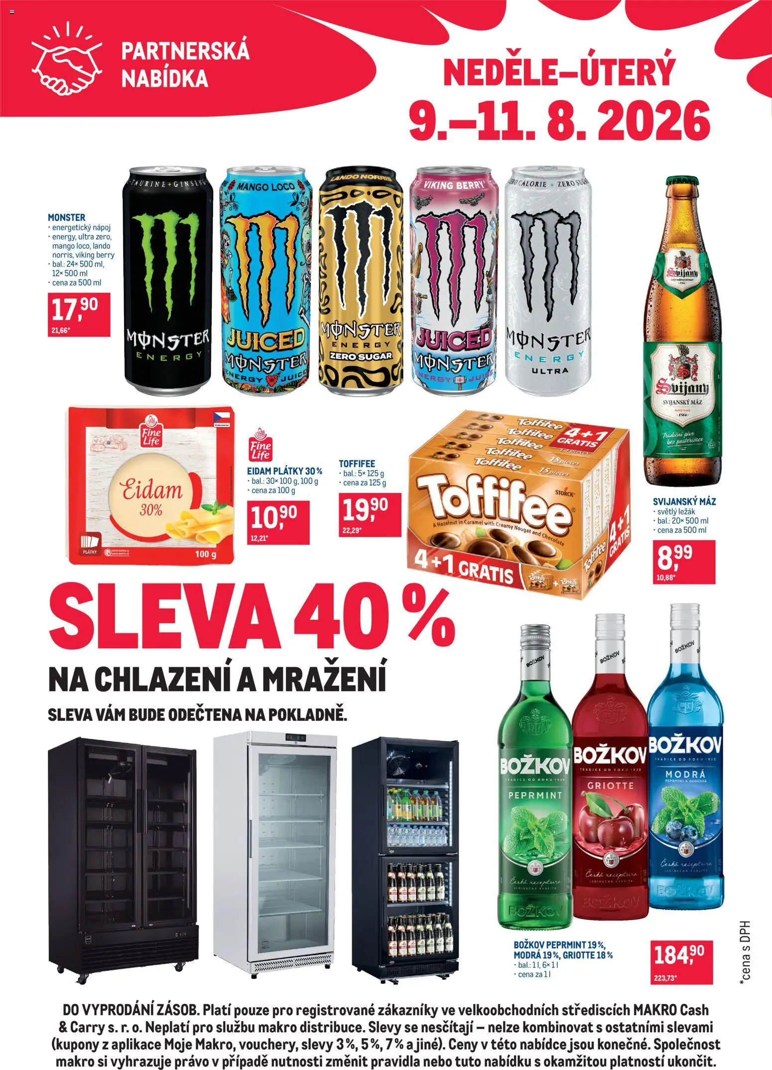 Makro leták - Partnerská nabídka od 09.08.2026 | Strana: 1 | Produkty: Toffifee, Svijany Svijanský Máz, Svijanský Máz, Monster Energy