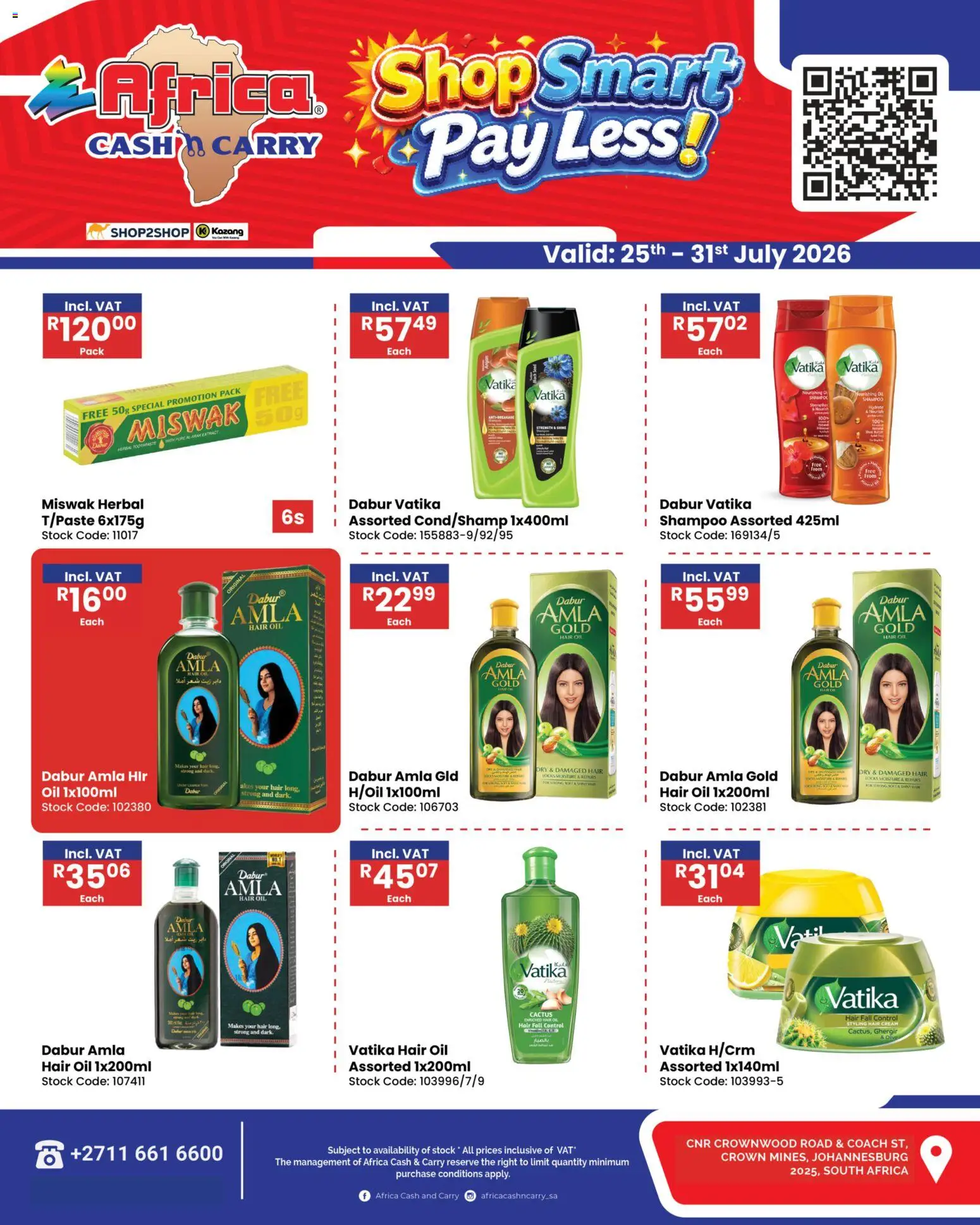 New Africa Cash & Carry catalogue – valid from 25/07/2026 | Page: 1 | Products: Oil, Shampoo, Hair oil, Stock