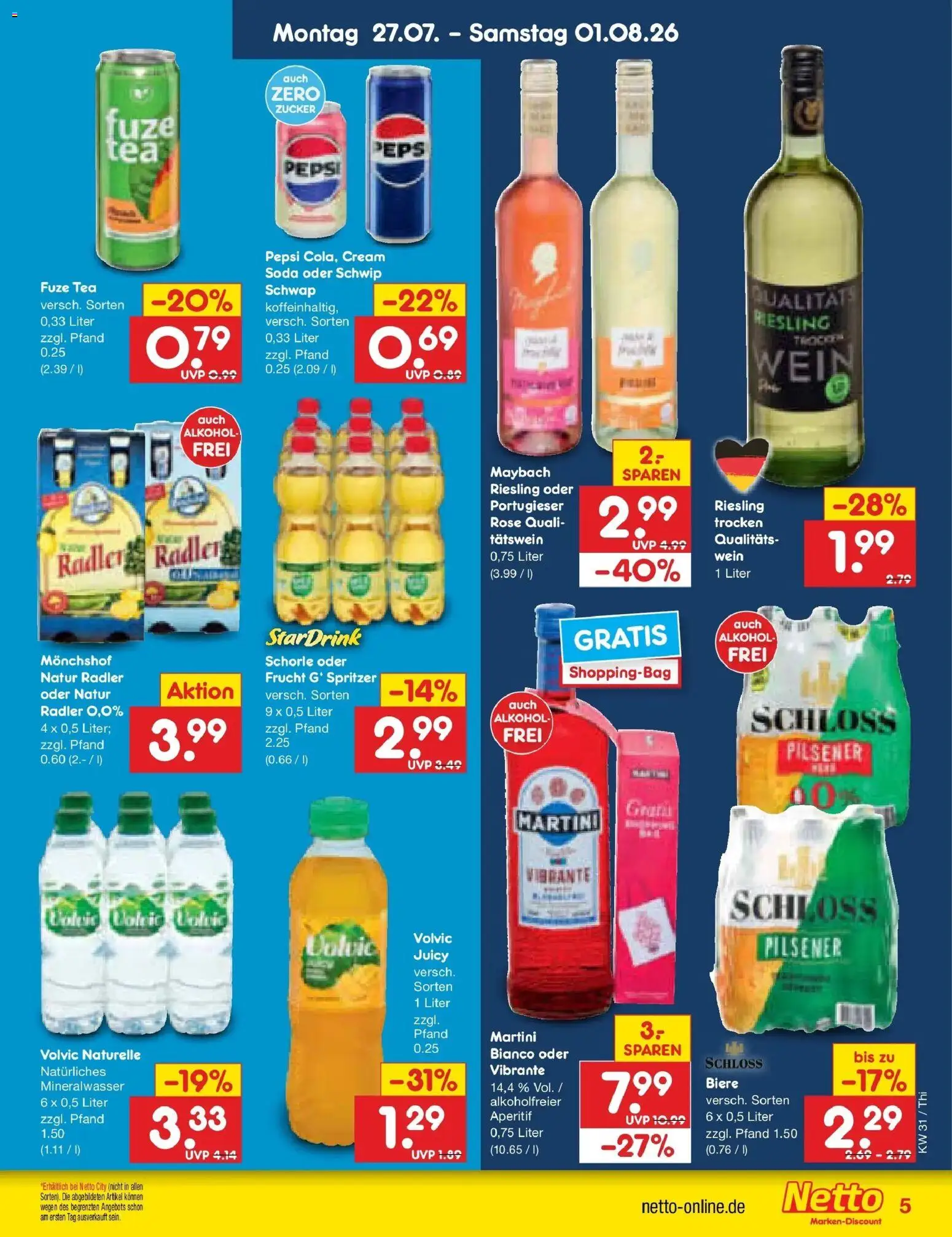 Netto Marken-Discount Prospekt Pirna – gültig ab 27.07.2026 | Seite: 5 | Produkte: Fuze tea, Mineralwasser, Radler, Wein