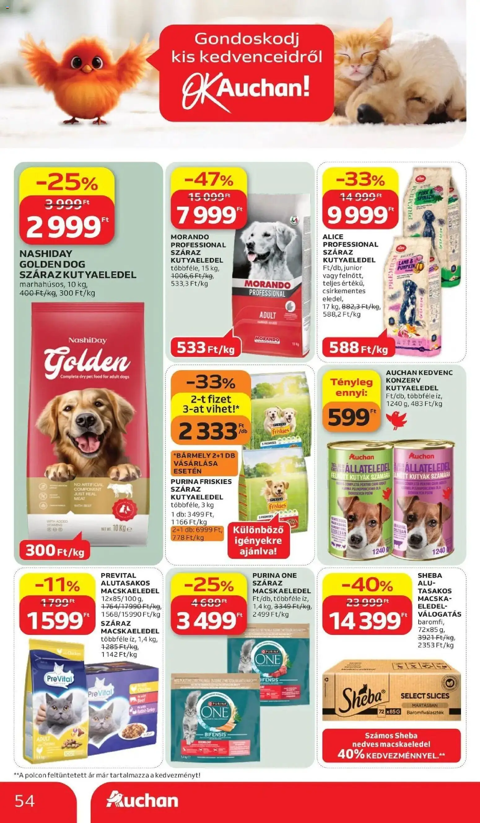 Auchan akciós ujság - amely érvényes a következő dátumtól: 2026.07.02. | Oldal: 54 | Termékek: Macskaeledel, Kutyaeledel, Purina one