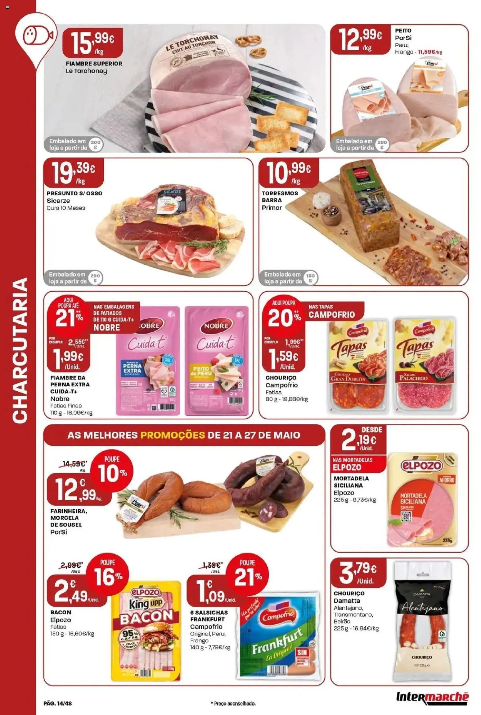 Intermarché - Isto é que são preços BAIXOS! │ válido de 21.05.2026 | Página: 14 | Produtos: Bacon, Frango, Peru, Chouriço