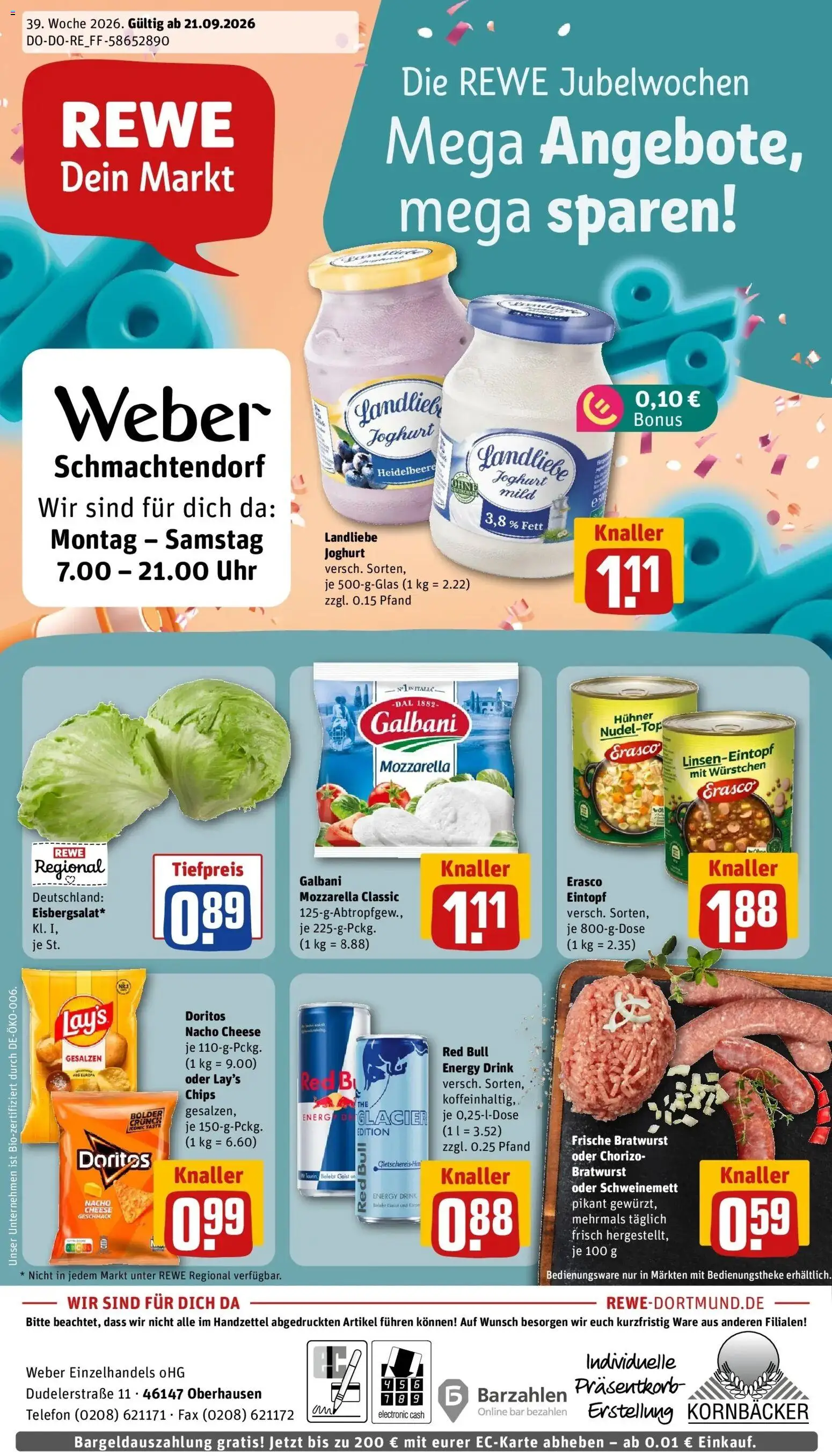 REWE Prospekt ab 21.09.2026 zum Blättern » Angebote | Seite: 1 | Produkte: Red bull, Energy, Bratwurst, Erasco