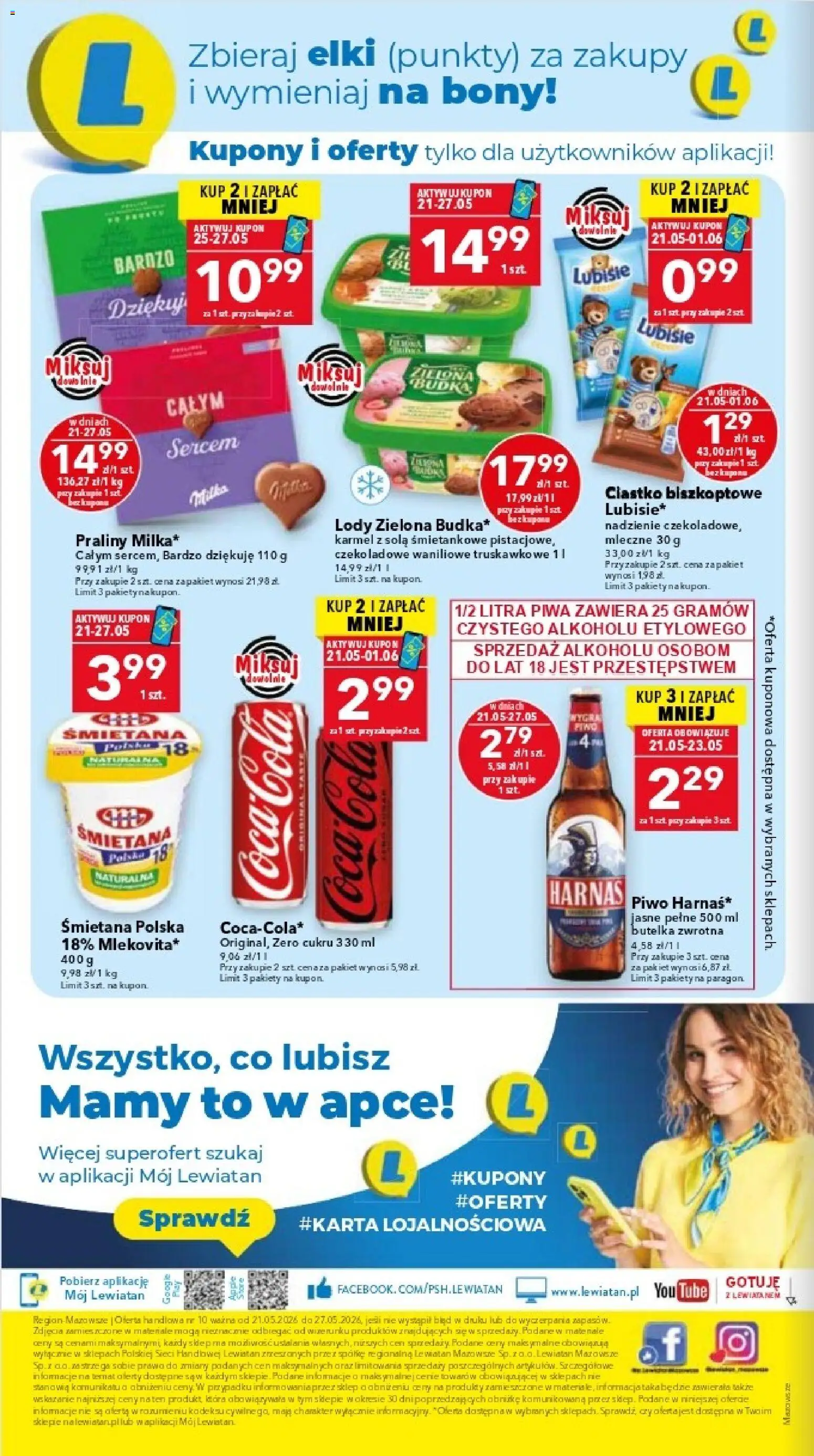 Lewiatan gazetka - Warszawa od 21.05.2026 | Strona: 16 | Produkty: Praliny, Coca cola, Piwo, Lody