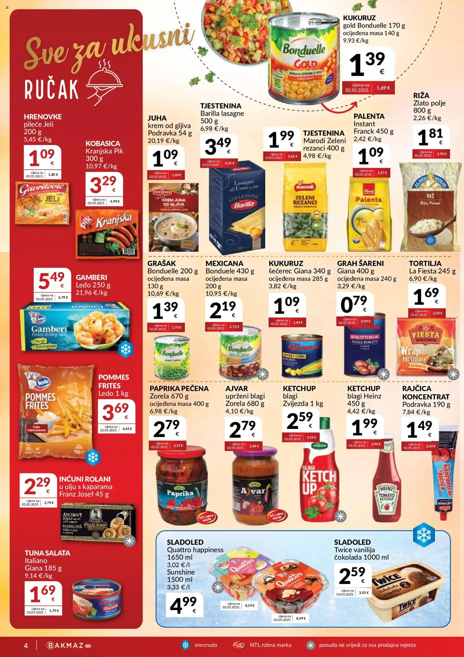 Bakmaz katalog | vrijedi od 27.05.2026 | Stranica: 4 | Proizvodi: Hrenovke, Ajvar, Ledo, Barilla