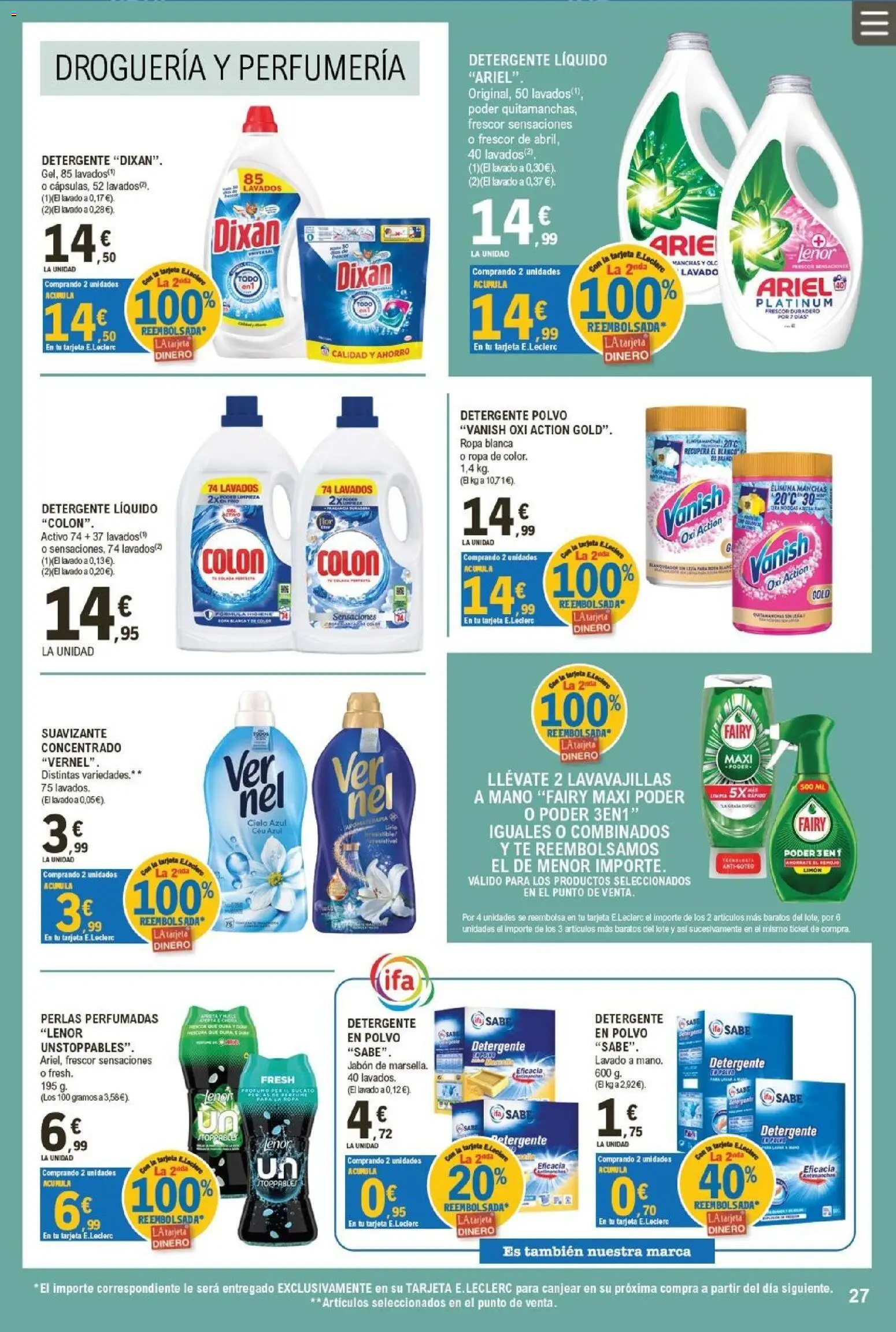 E.Leclerc Trujillo │ válido desde el 01/07/2026 | Página: 27 | Productos: Jabón, Té, Detergente líquido, Lavavajillas
