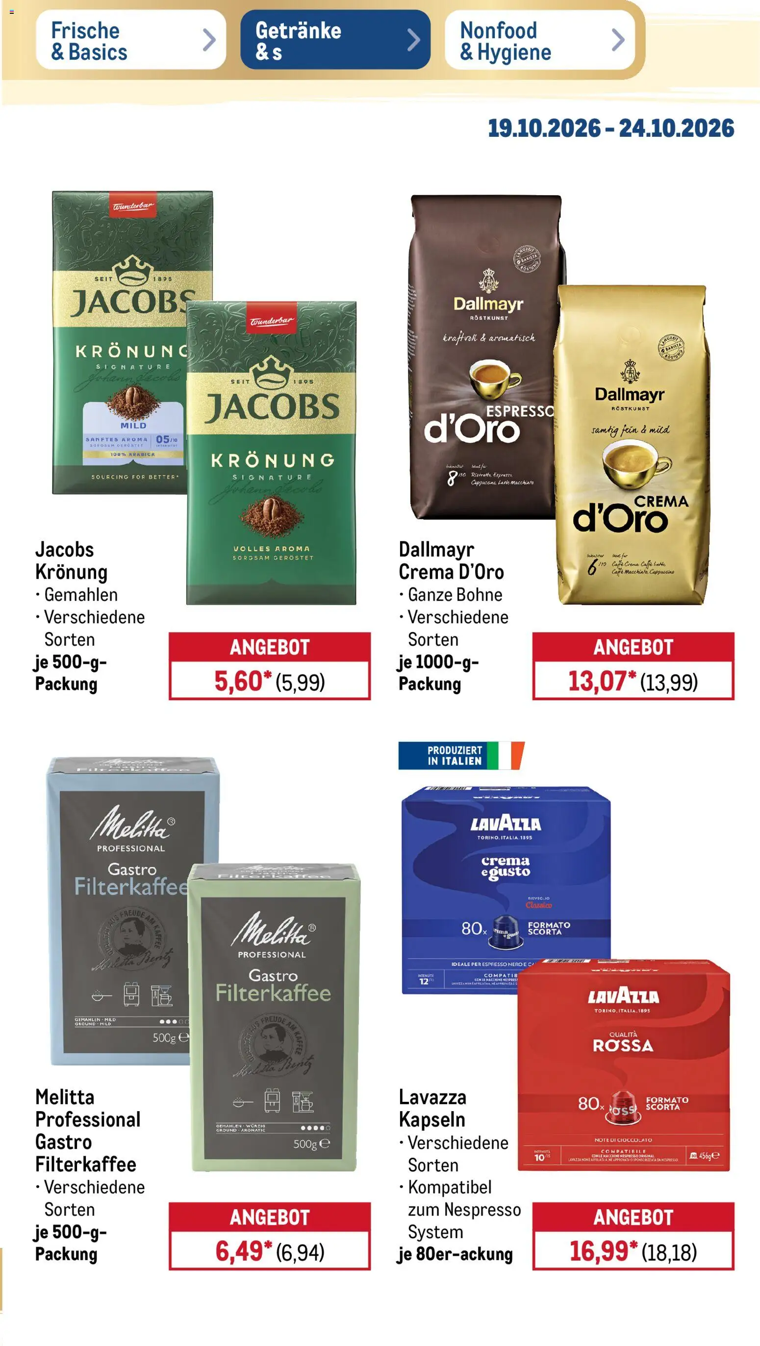 Metro Prospekt – gültig ab 19.10.2026 | Seite: 23 | Produkte: Melitta, Lavazza, Kaffee, Dallmayr