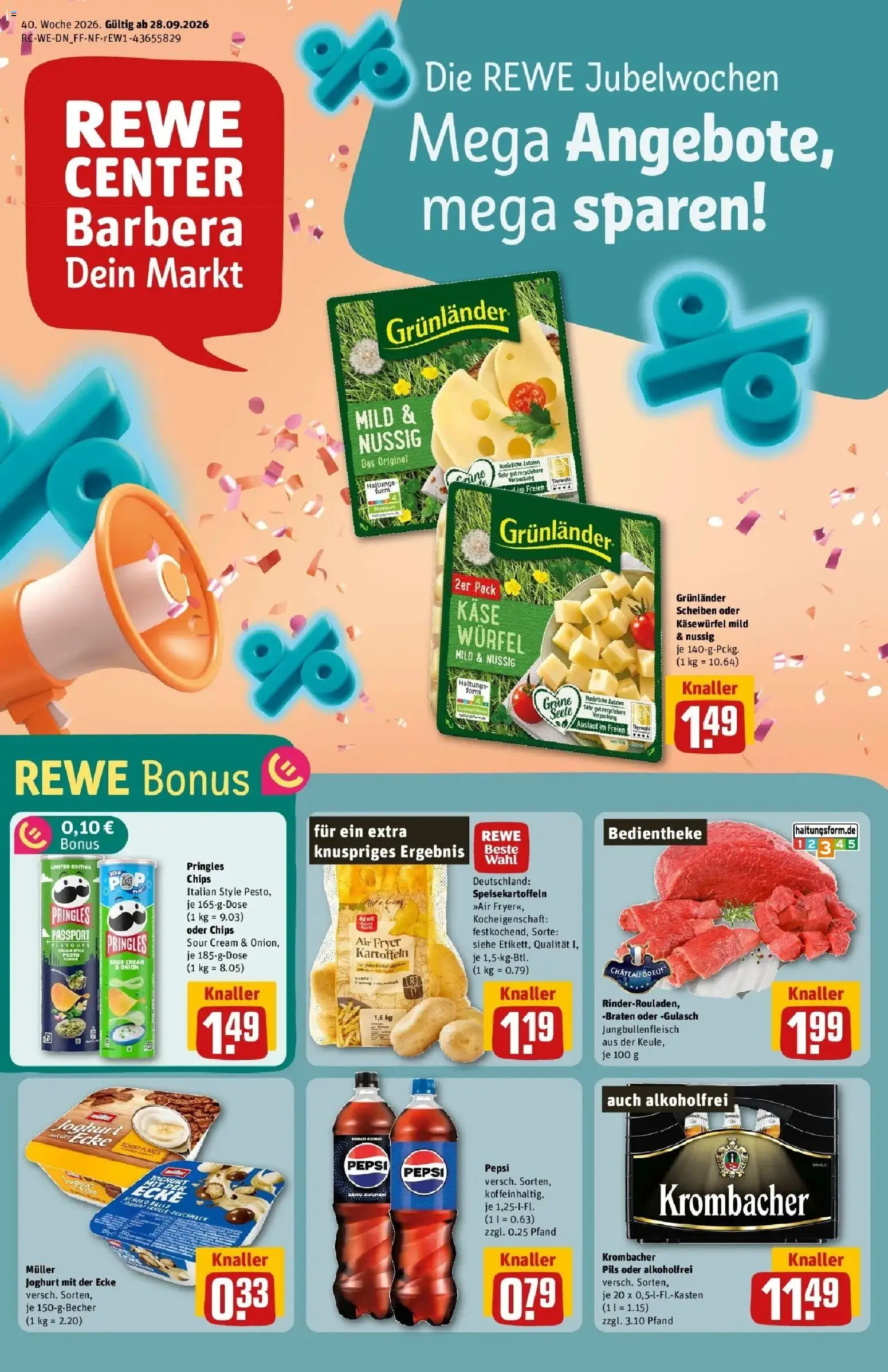 REWE Prospekt ab 28.09.2026 zum Blättern » Angebote | Seite: 1 | Produkte: Joghurt, Krombacher, Pepsi, Chips