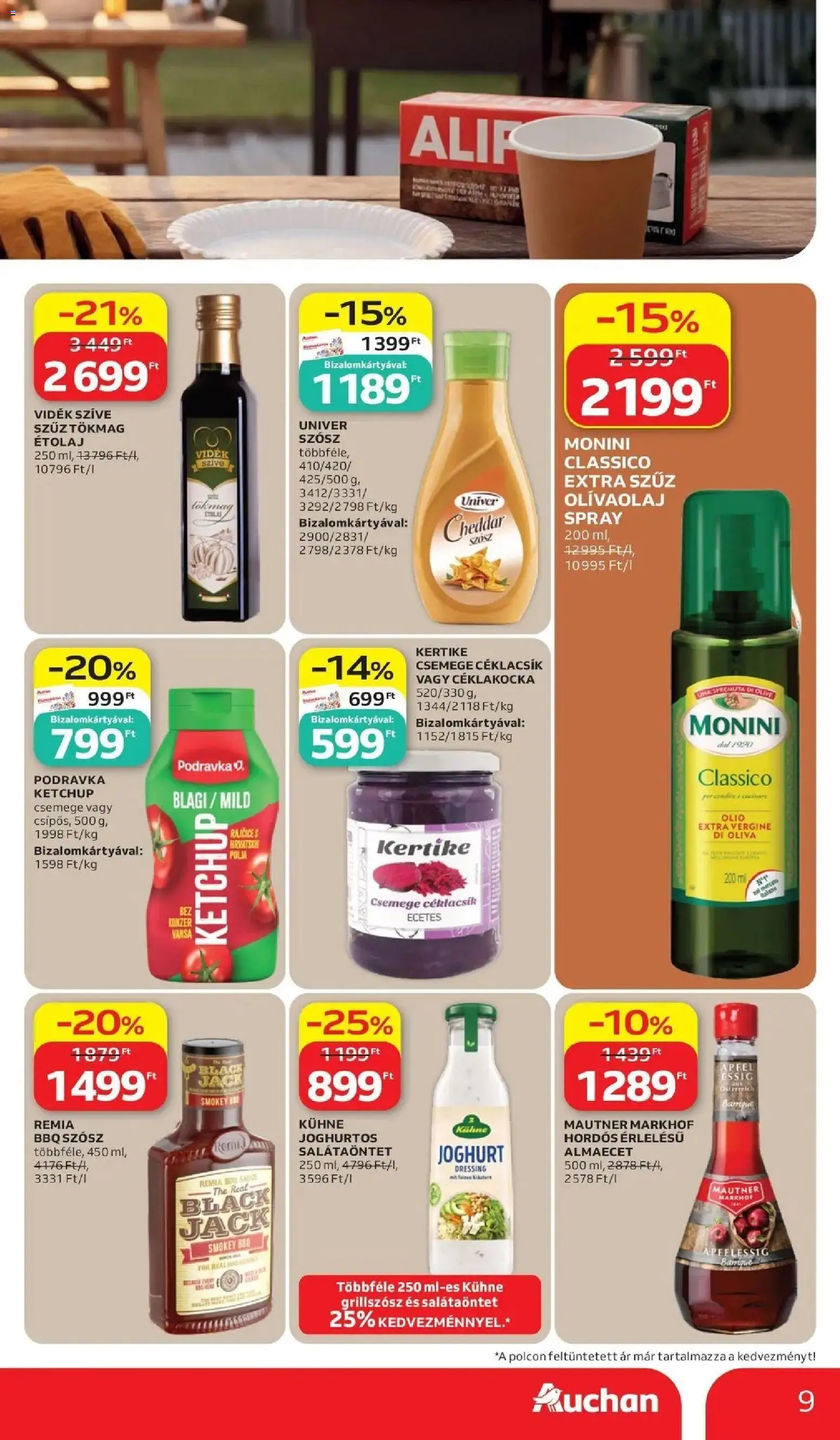 Auchan akciós ujság - amely érvényes a következő dátumtól: 11.06.2026 | Oldal: 9 | Termékek: Almaecet, Joghurt, Ketchup, Olívaolaj